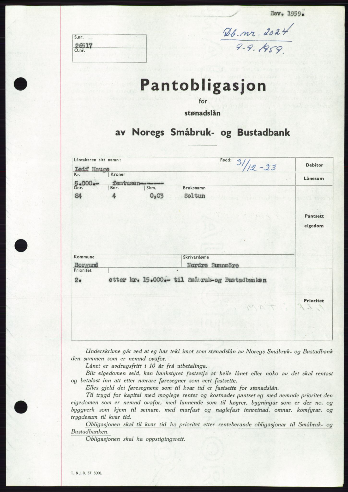 Søre Sunnmøre sorenskriveri, SAT/A-4122/1/2/2C/L0133: Pantebok nr. 21B, 1959-1959, Dagboknr: 2024/1959