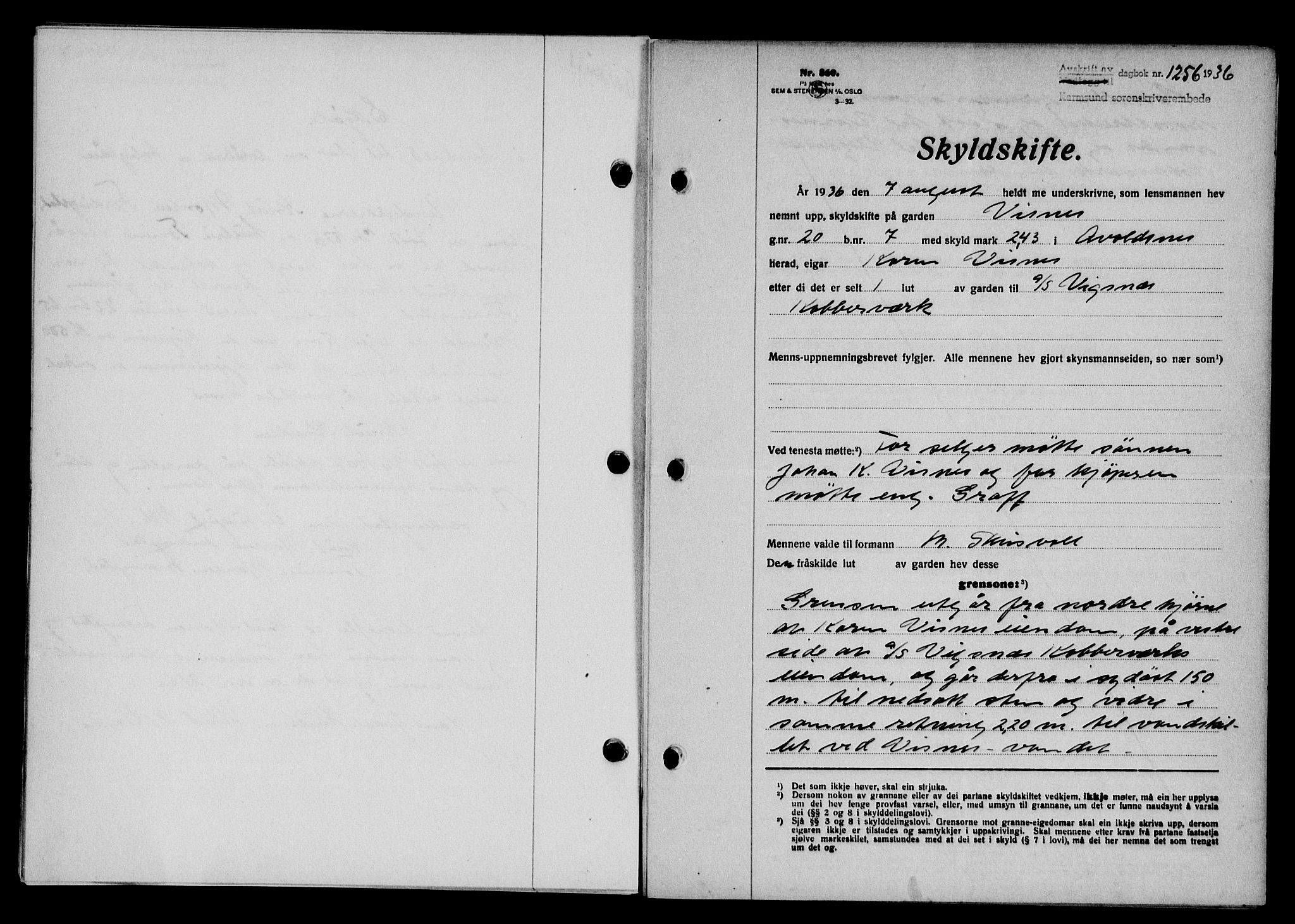 Karmsund sorenskriveri, SAST/A-100311/01/II/IIB/L0066: Pantebok nr. 47A, 1936-1936, Dagboknr: 1256/1936