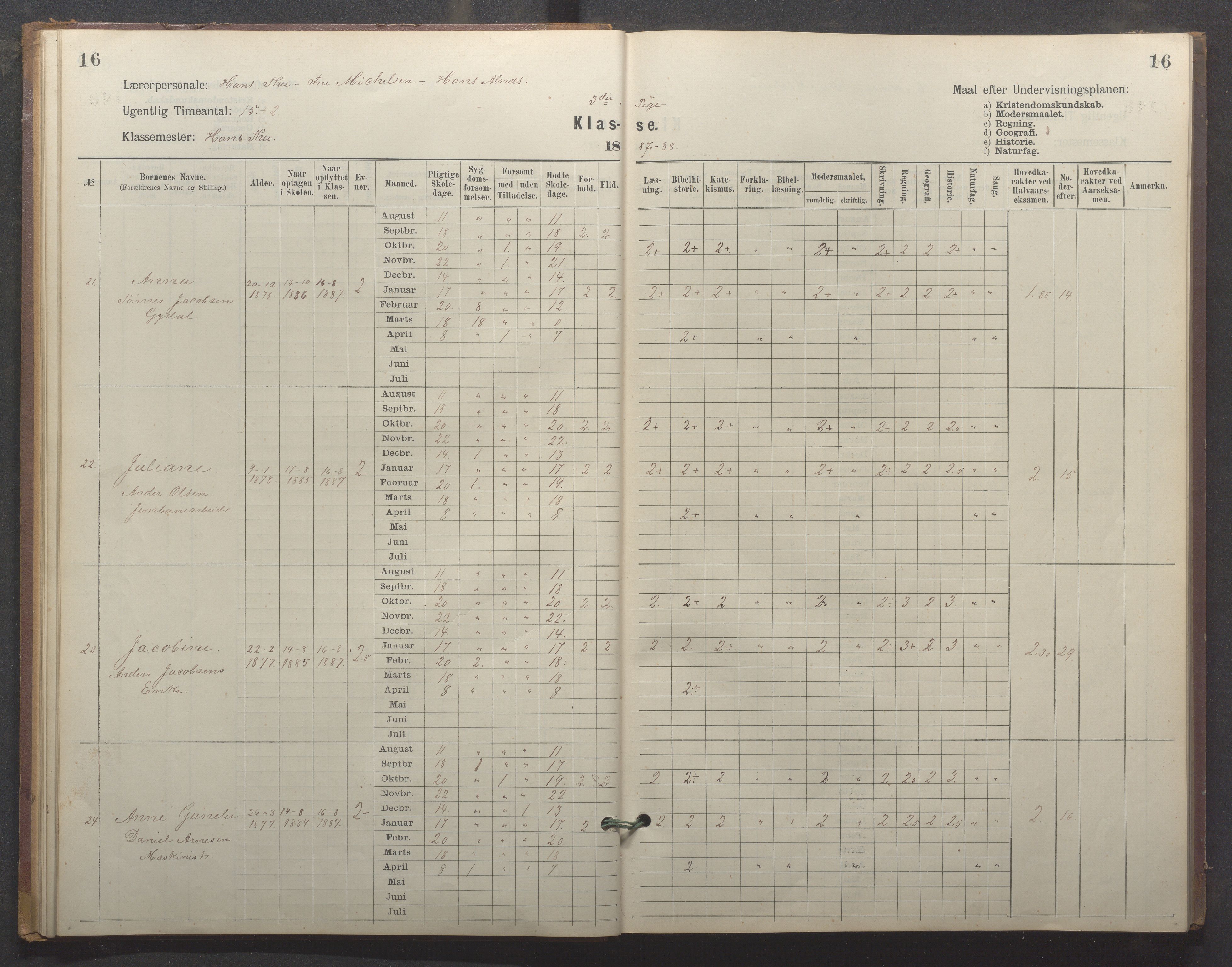 Egersund kommune (Ladested) - Egersund almueskole/folkeskole, IKAR/K-100521/H/L0024: Skoleprotokoll - Almueskolen, 3. klasse, 1887-1892, s. 16