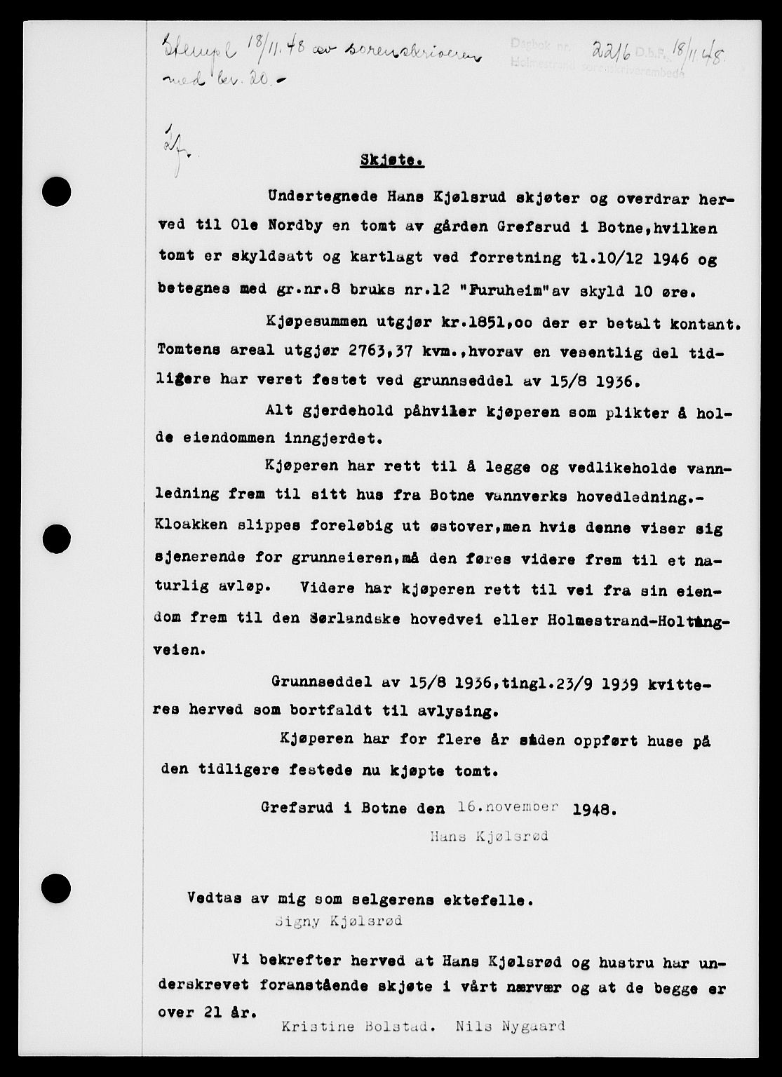 Holmestrand sorenskriveri, SAKO/A-67/G/Ga/Gaa/L0065: Pantebok nr. A-65, 1948-1949, Dagboknr: 2216/1948