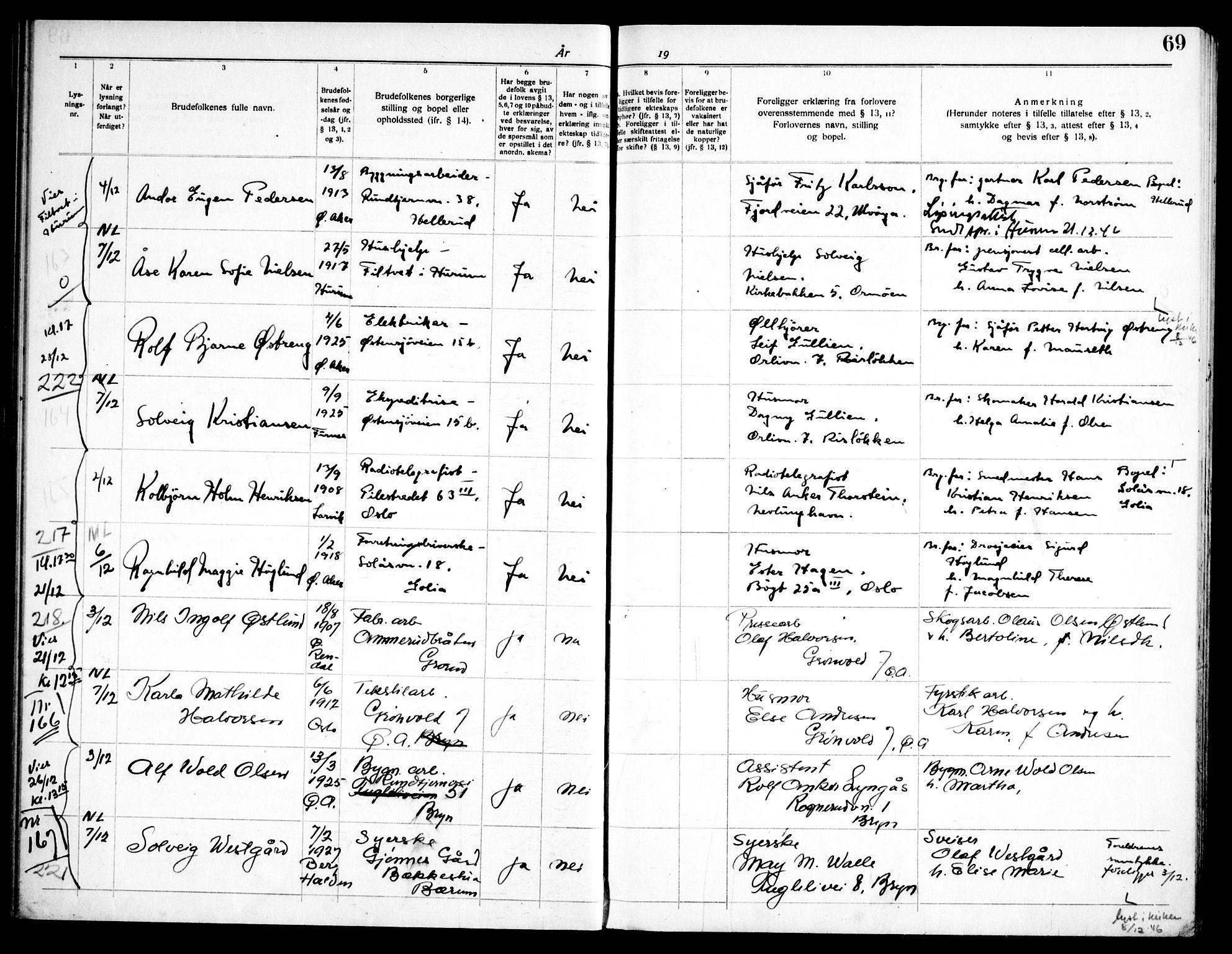 Østre Aker prestekontor Kirkebøker, AV/SAO-A-10840/H/Ha/L0010: Lysningsprotokoll nr. I 10, 1943-1948, s. 69
