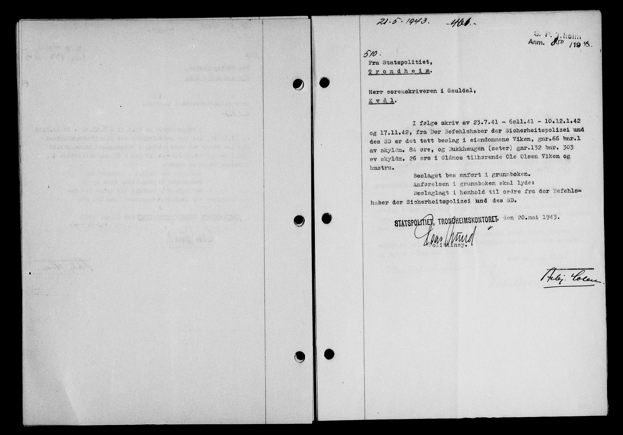 Gauldal sorenskriveri, SAT/A-0014/1/2/2C/L0056: Pantebok nr. 61, 1942-1943, Dagboknr: 510/1943