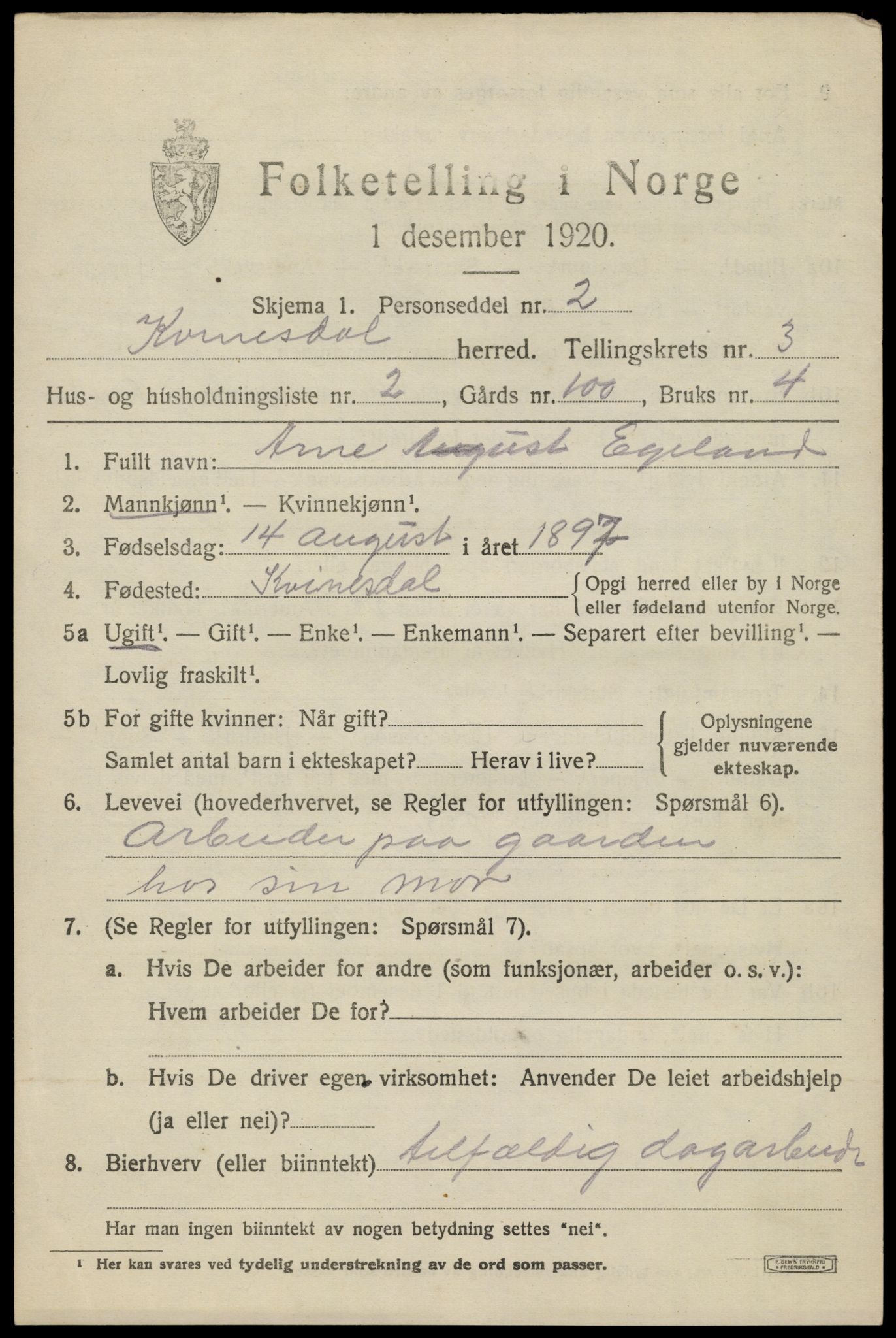 SAK, Folketelling 1920 for 1037 Kvinesdal herred, 1920, s. 3167