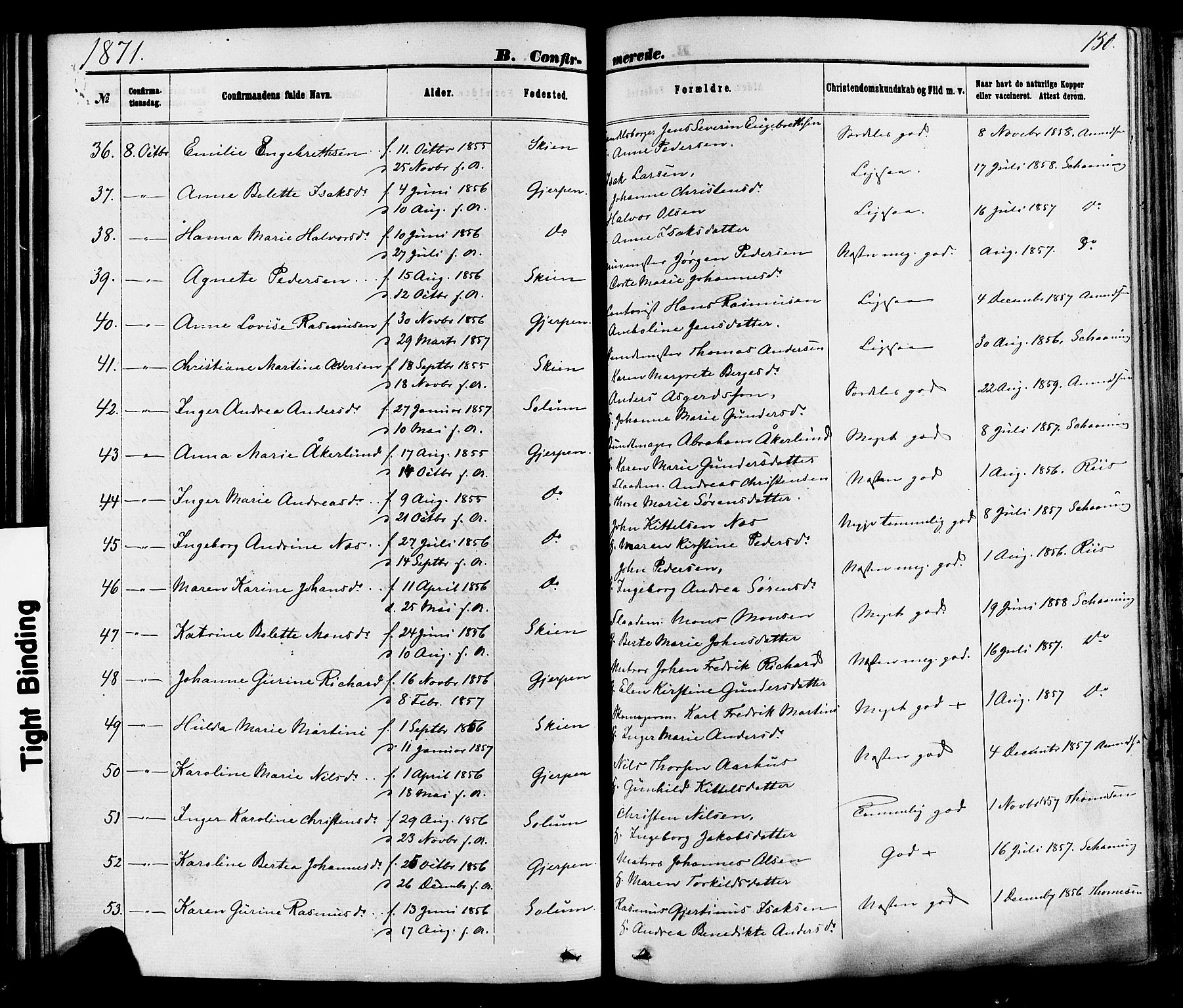 Skien kirkebøker, AV/SAKO-A-302/F/Fa/L0008: Ministerialbok nr. 8, 1866-1877, s. 150