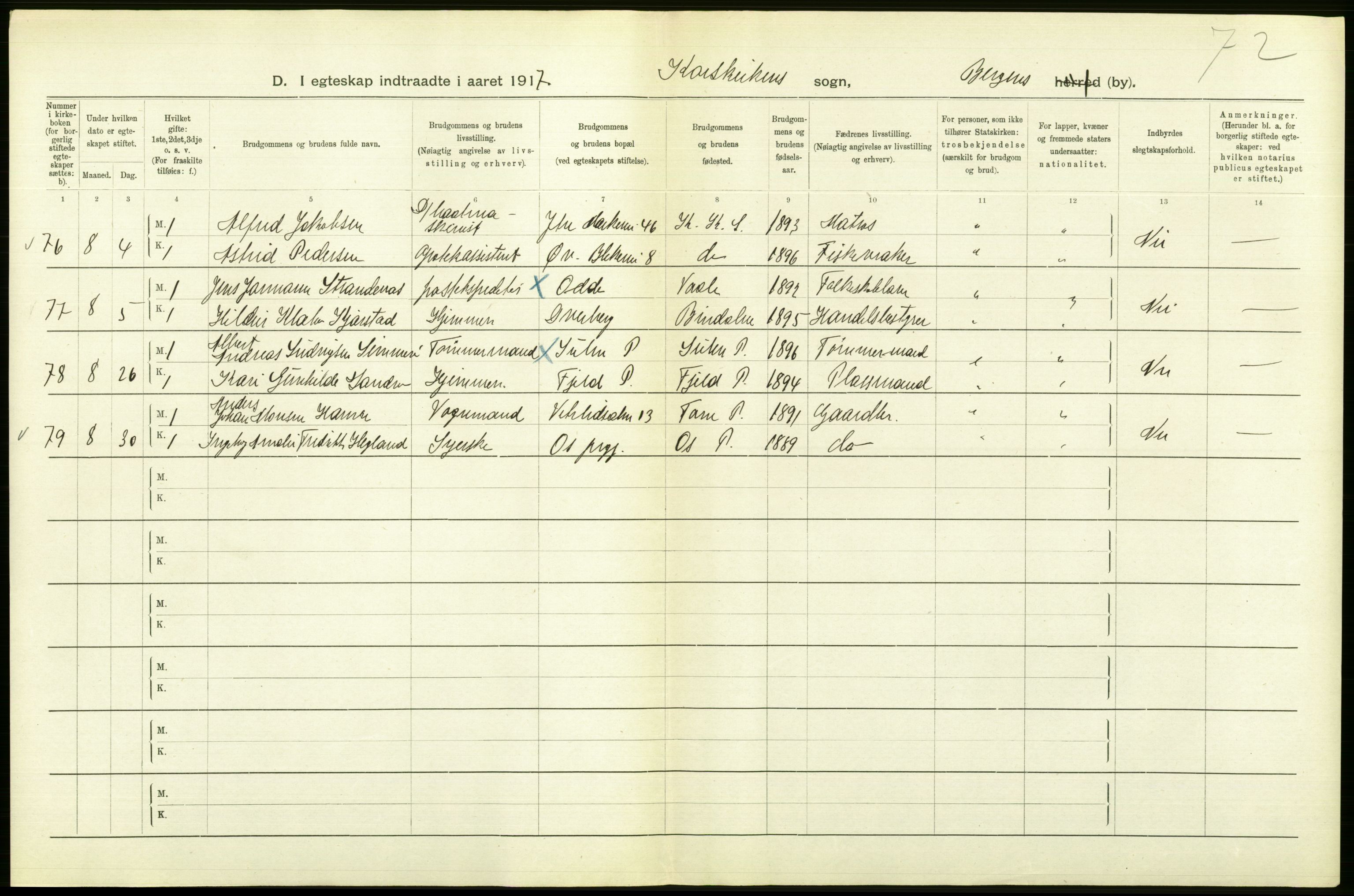 Statistisk sentralbyrå, Sosiodemografiske emner, Befolkning, RA/S-2228/D/Df/Dfb/Dfbg/L0038: Bergen: Gifte, døde, dødfødte., 1917, s. 58