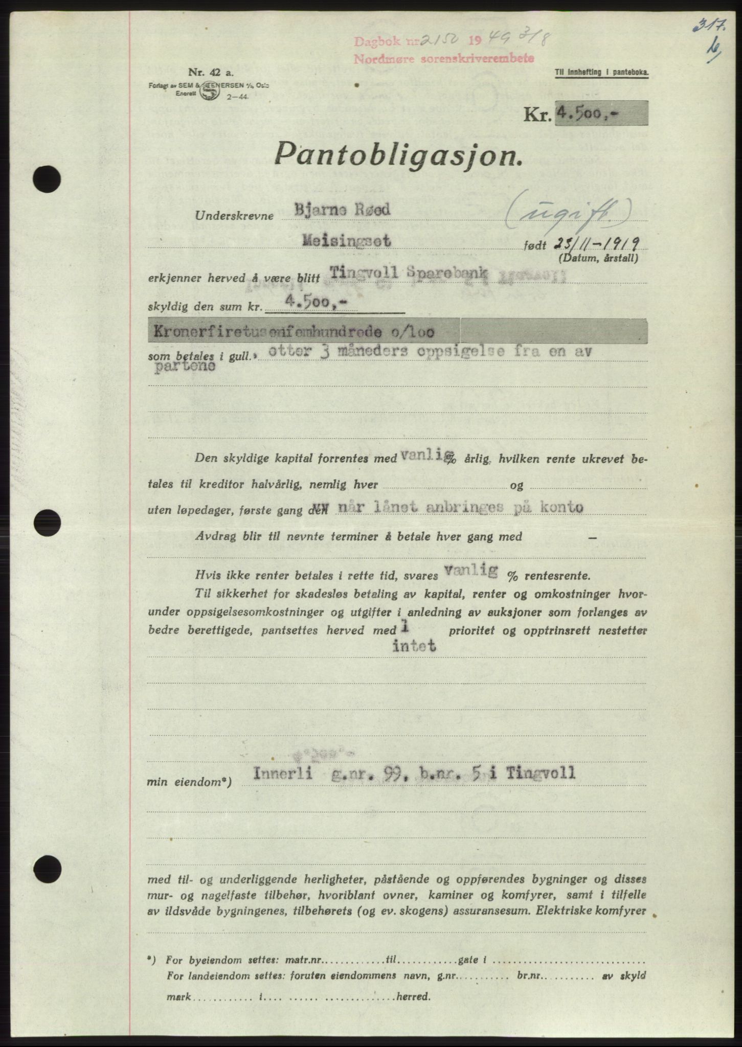 Nordmøre sorenskriveri, SAT/A-4132/1/2/2Ca: Pantebok nr. B102, 1949-1949, Dagboknr: 2150/1949