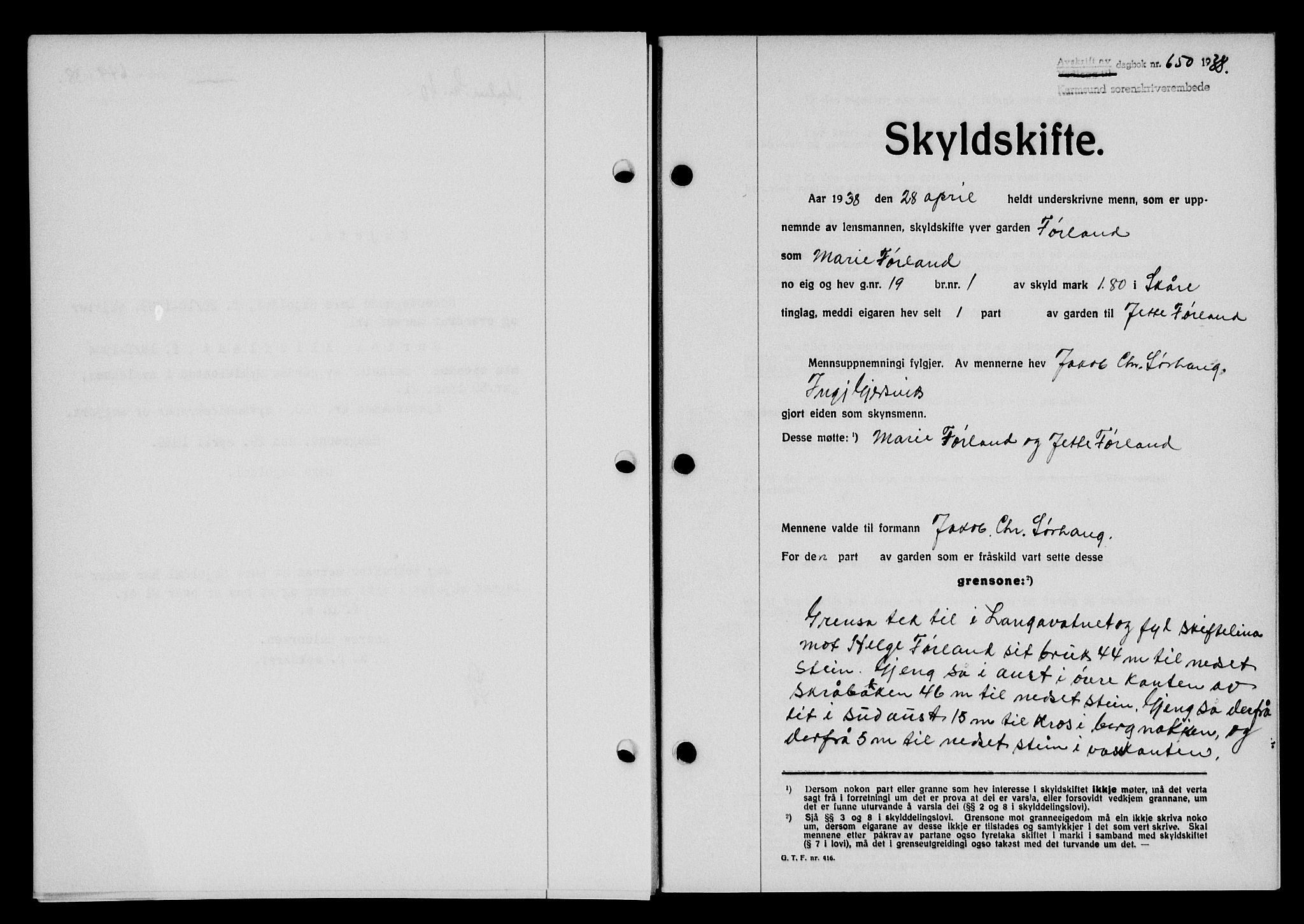 Karmsund sorenskriveri, SAST/A-100311/01/II/IIB/L0069: Pantebok nr. 50A, 1937-1938, Dagboknr: 650/1938
