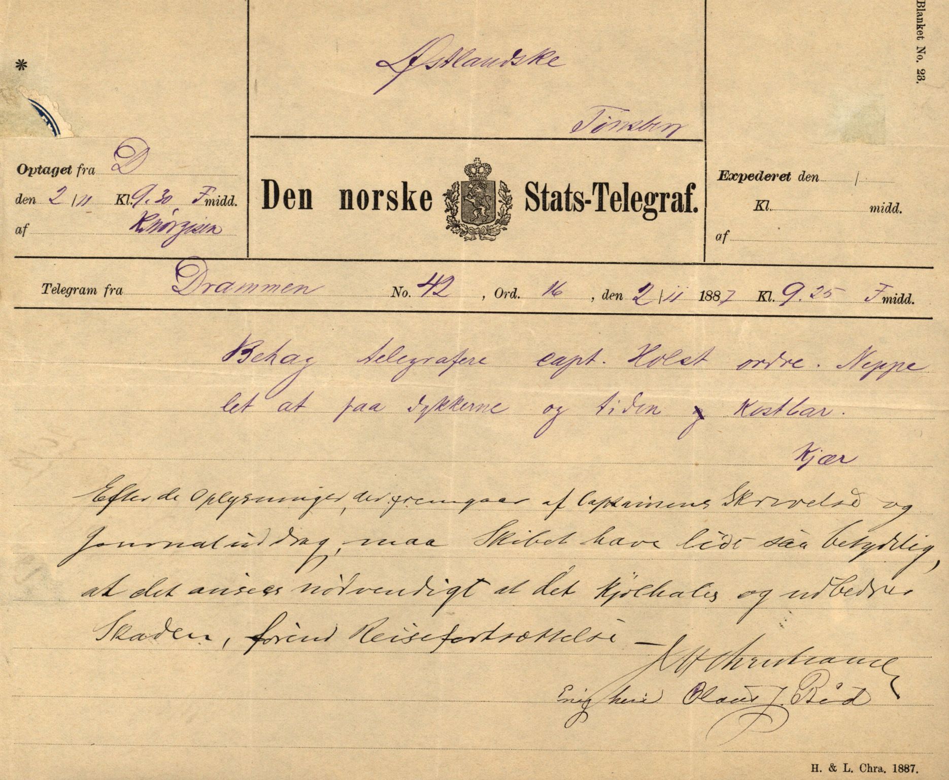 Pa 63 - Østlandske skibsassuranceforening, VEMU/A-1079/G/Ga/L0020/0010: Havaridokumenter / Anna, Silome, Oscarsborg, Memoria, Telegraf, 1887, s. 28