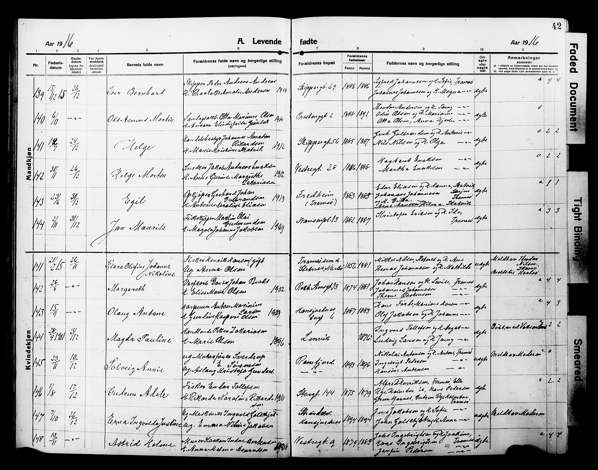 Tromsø sokneprestkontor/stiftsprosti/domprosti, AV/SATØ-S-1343/G/Gb/L0009klokker: Klokkerbok nr. 9, 1915-1925, s. 42