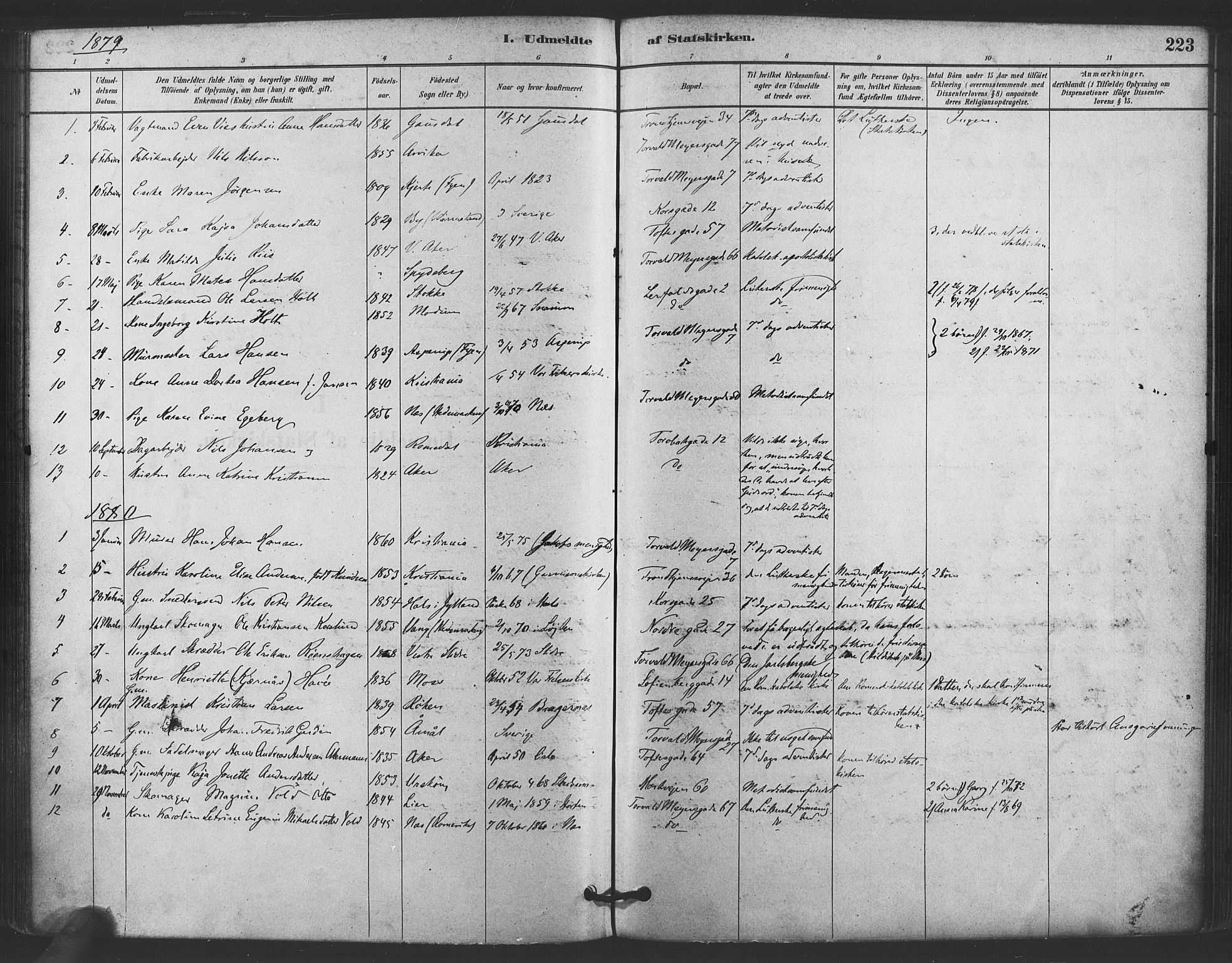 Paulus prestekontor Kirkebøker, AV/SAO-A-10871/F/Fa/L0005: Ministerialbok nr. 5, 1879-1889, s. 223