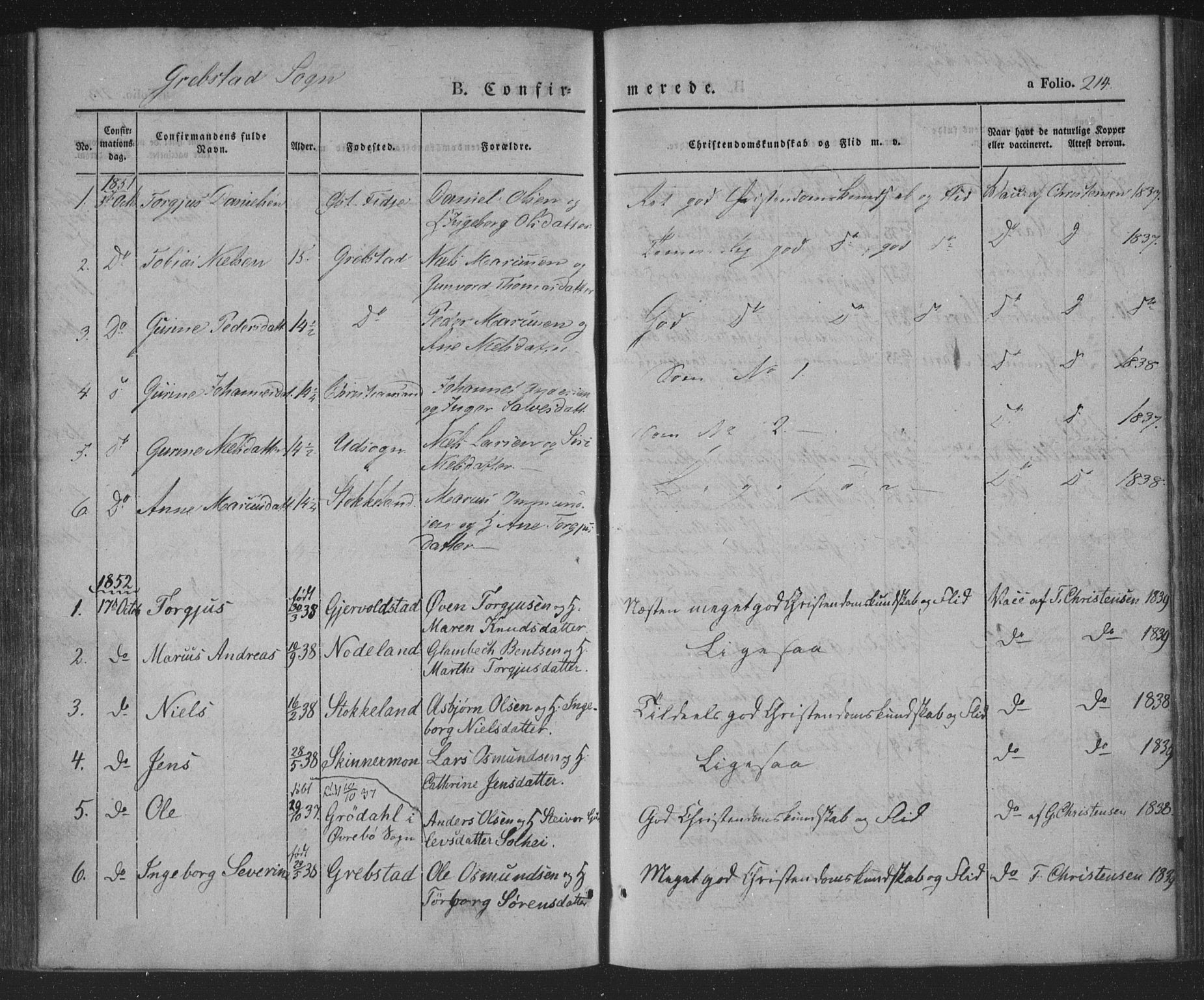 Søgne sokneprestkontor, AV/SAK-1111-0037/F/Fa/Fab/L0009: Ministerialbok nr. A 9, 1838-1853, s. 214