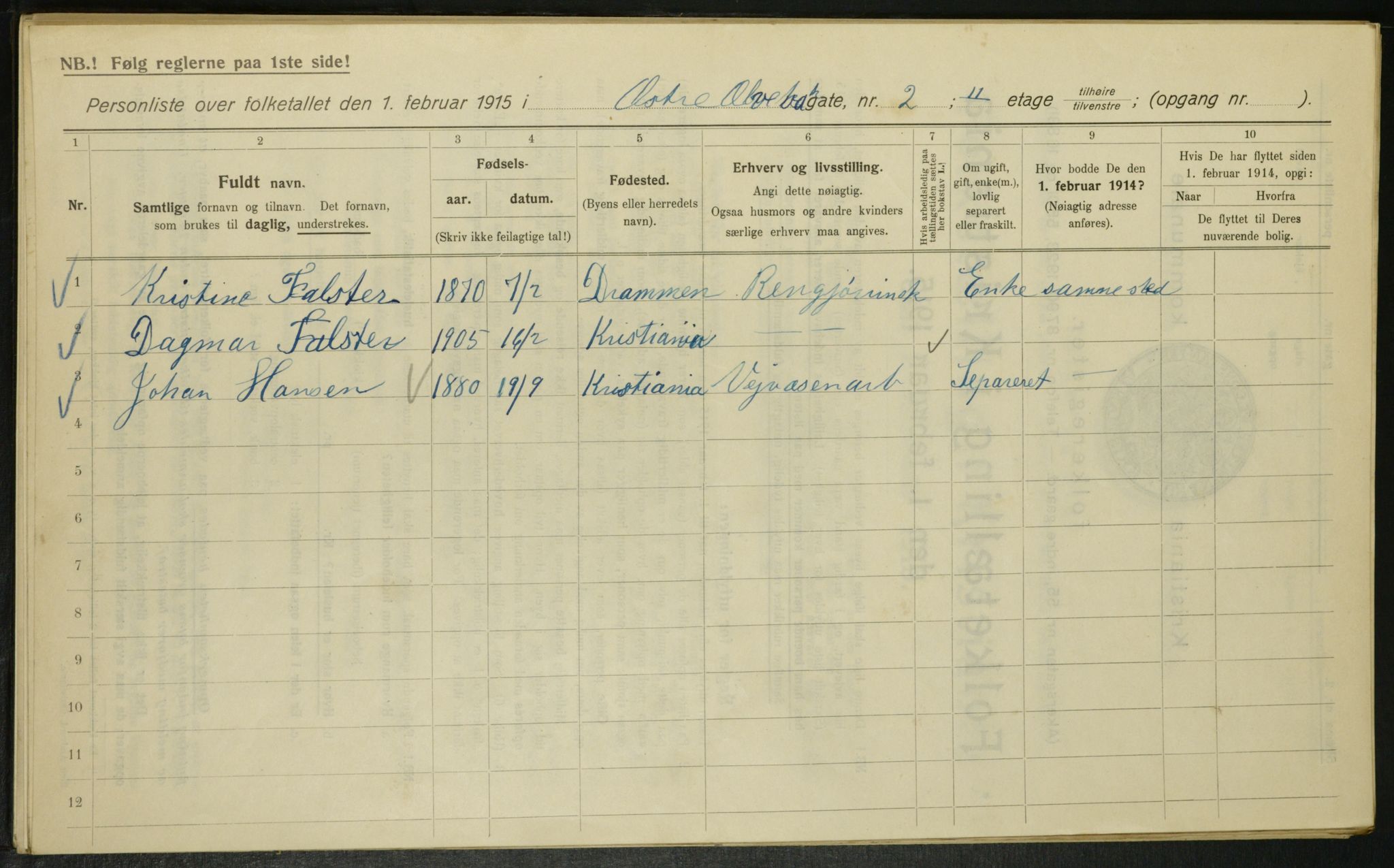 OBA, Kommunal folketelling 1.2.1915 for Kristiania, 1915, s. 129990