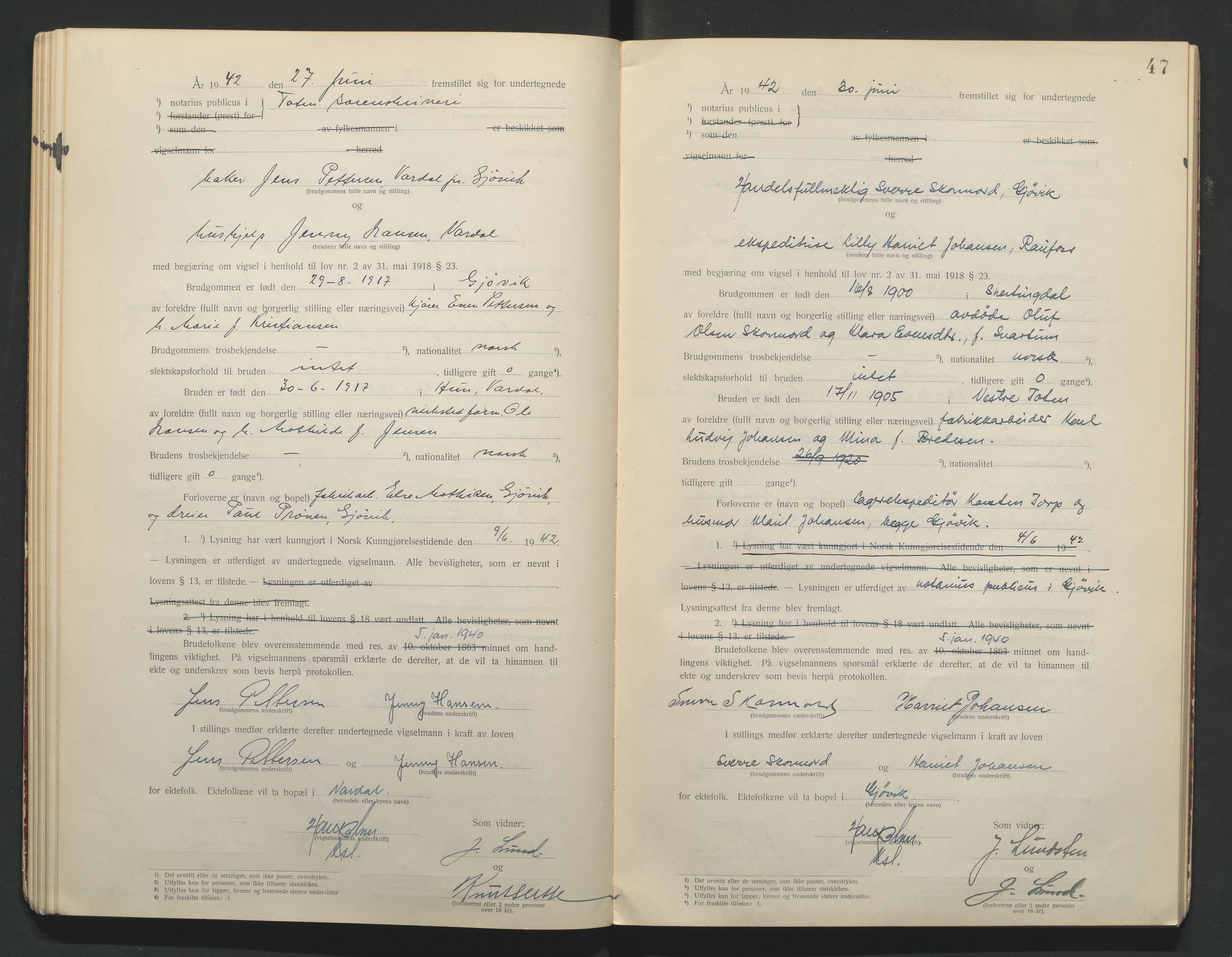 Toten tingrett, AV/SAH-TING-006/L/Lc/L0001: Vigselbok, 1920-1942, s. 47