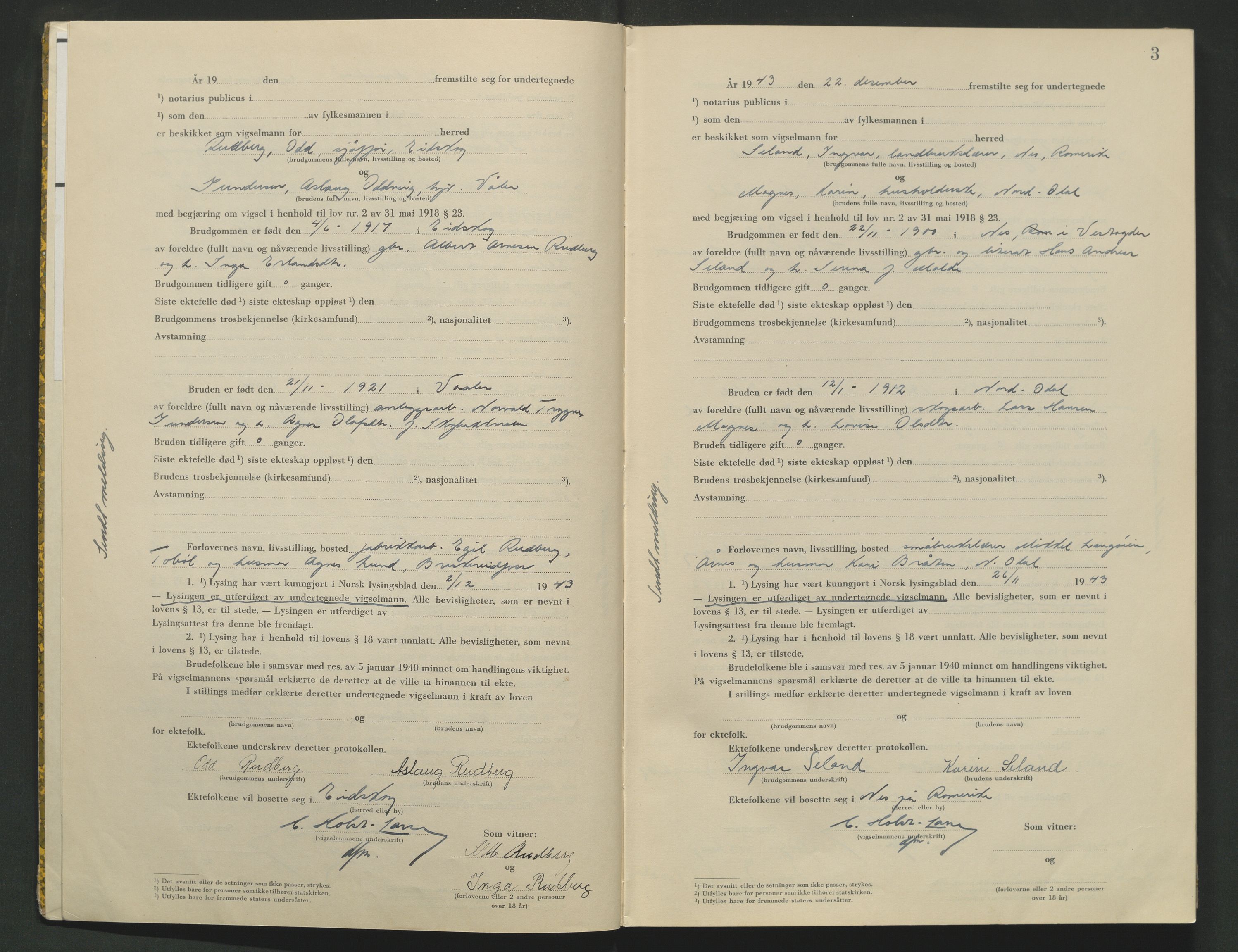 Vinger og Odal sorenskriveri, AV/SAH-TING-022/L/Lb/L0003: Vigselsprotokoll, 1943-1944, s. 3
