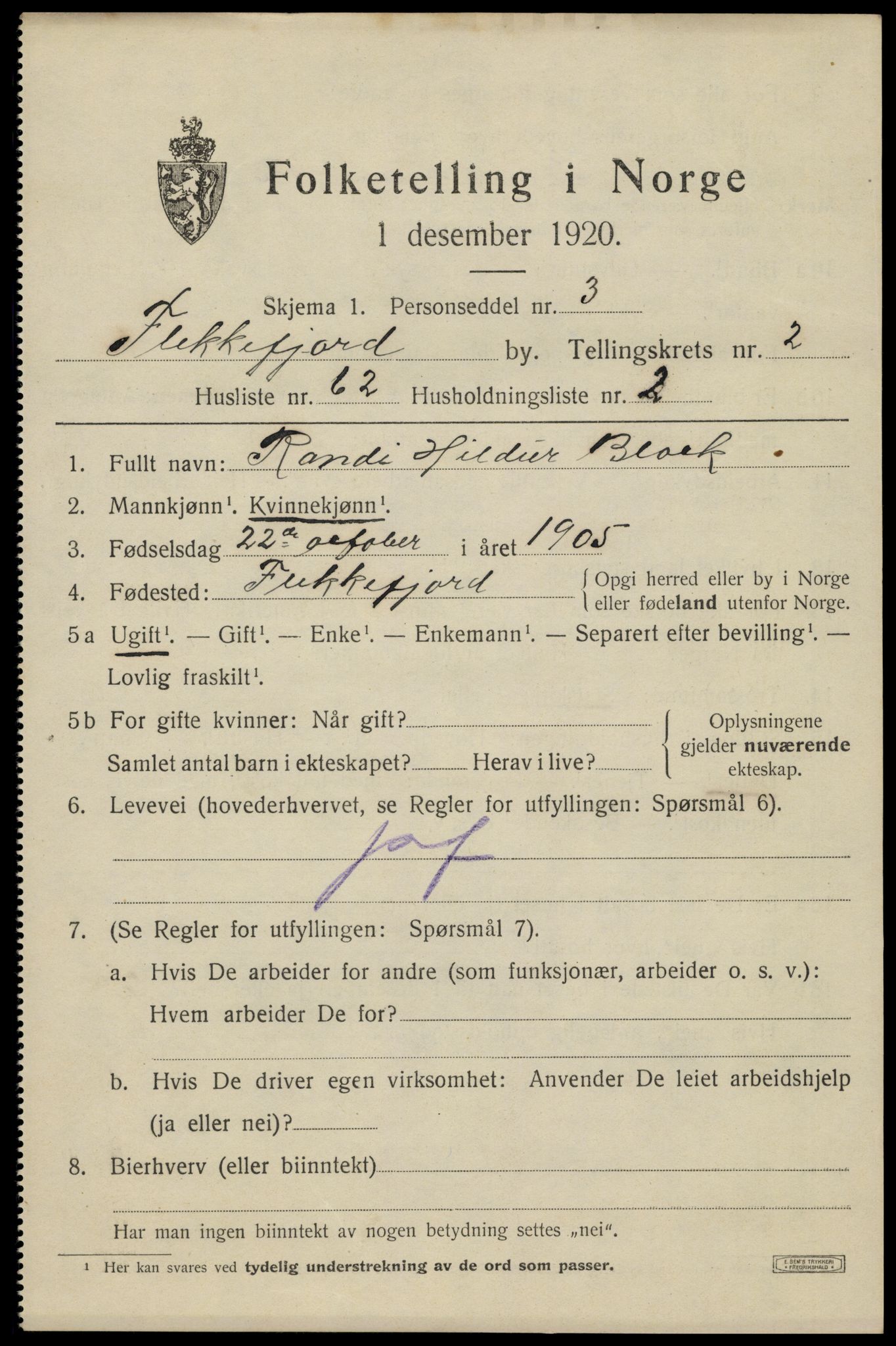 SAK, Folketelling 1920 for 1004 Flekkefjord kjøpstad, 1920, s. 3232