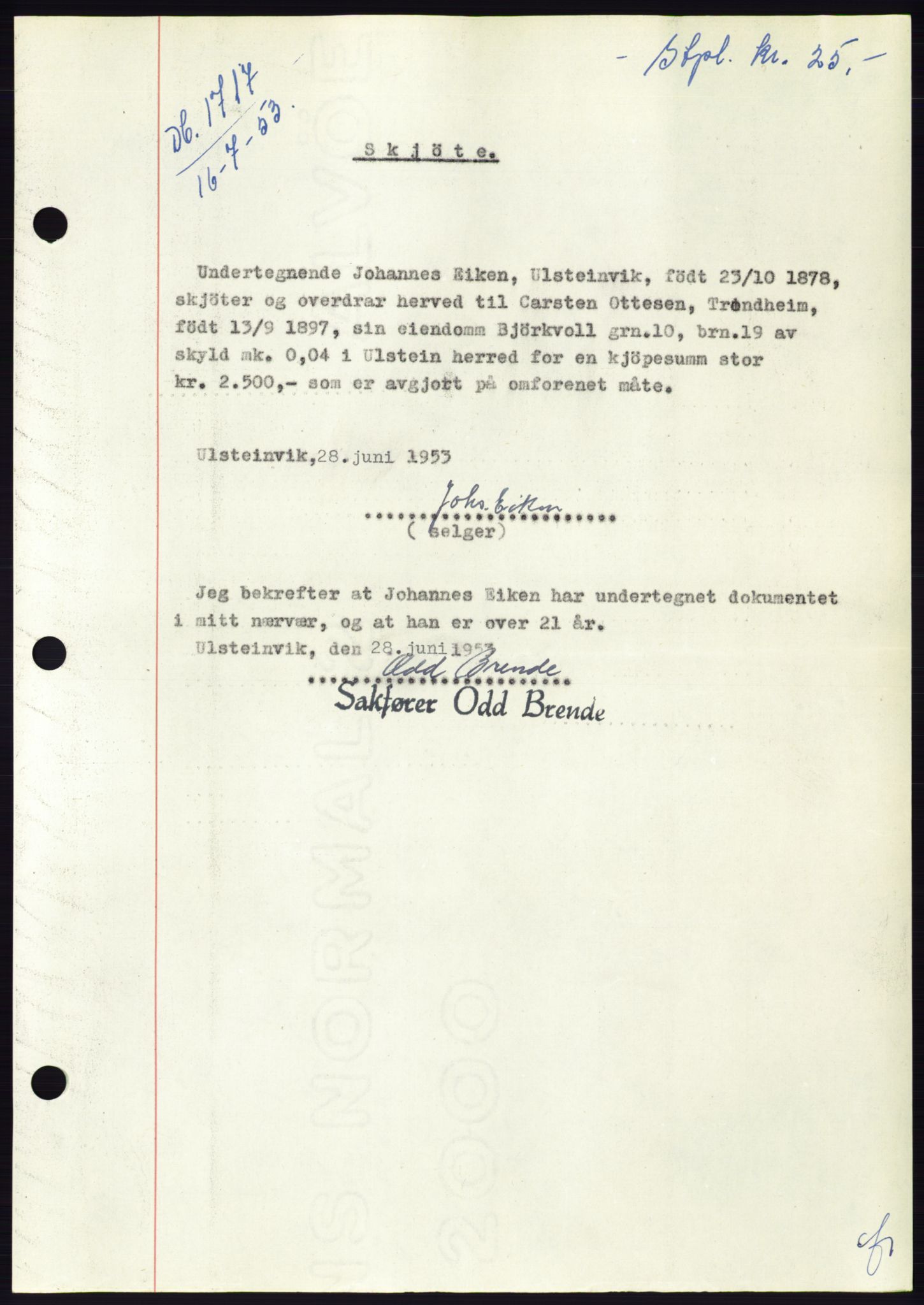 Søre Sunnmøre sorenskriveri, AV/SAT-A-4122/1/2/2C/L0095: Pantebok nr. 21A, 1953-1953, Dagboknr: 1717/1953