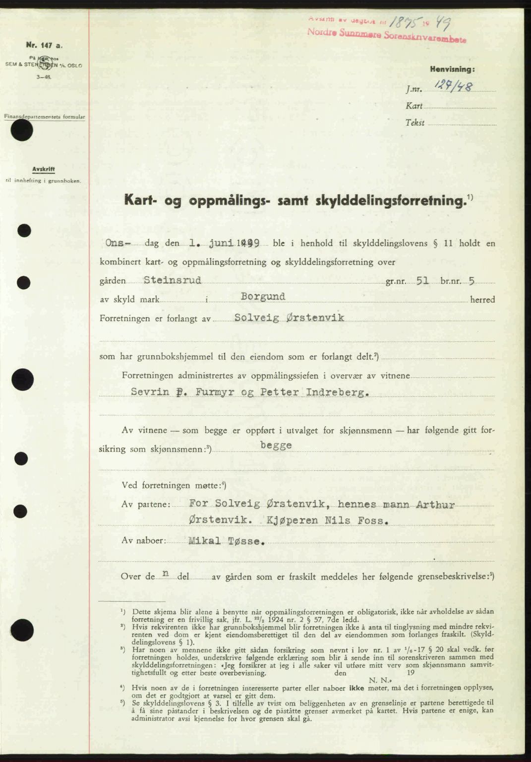 Nordre Sunnmøre sorenskriveri, SAT/A-0006/1/2/2C/2Ca: Pantebok nr. A32, 1949-1949, Dagboknr: 1875/1949
