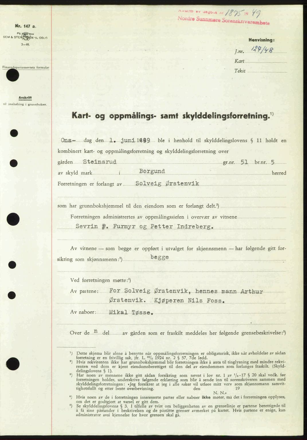 Nordre Sunnmøre sorenskriveri, AV/SAT-A-0006/1/2/2C/2Ca: Pantebok nr. A32, 1949-1949, Dagboknr: 1875/1949