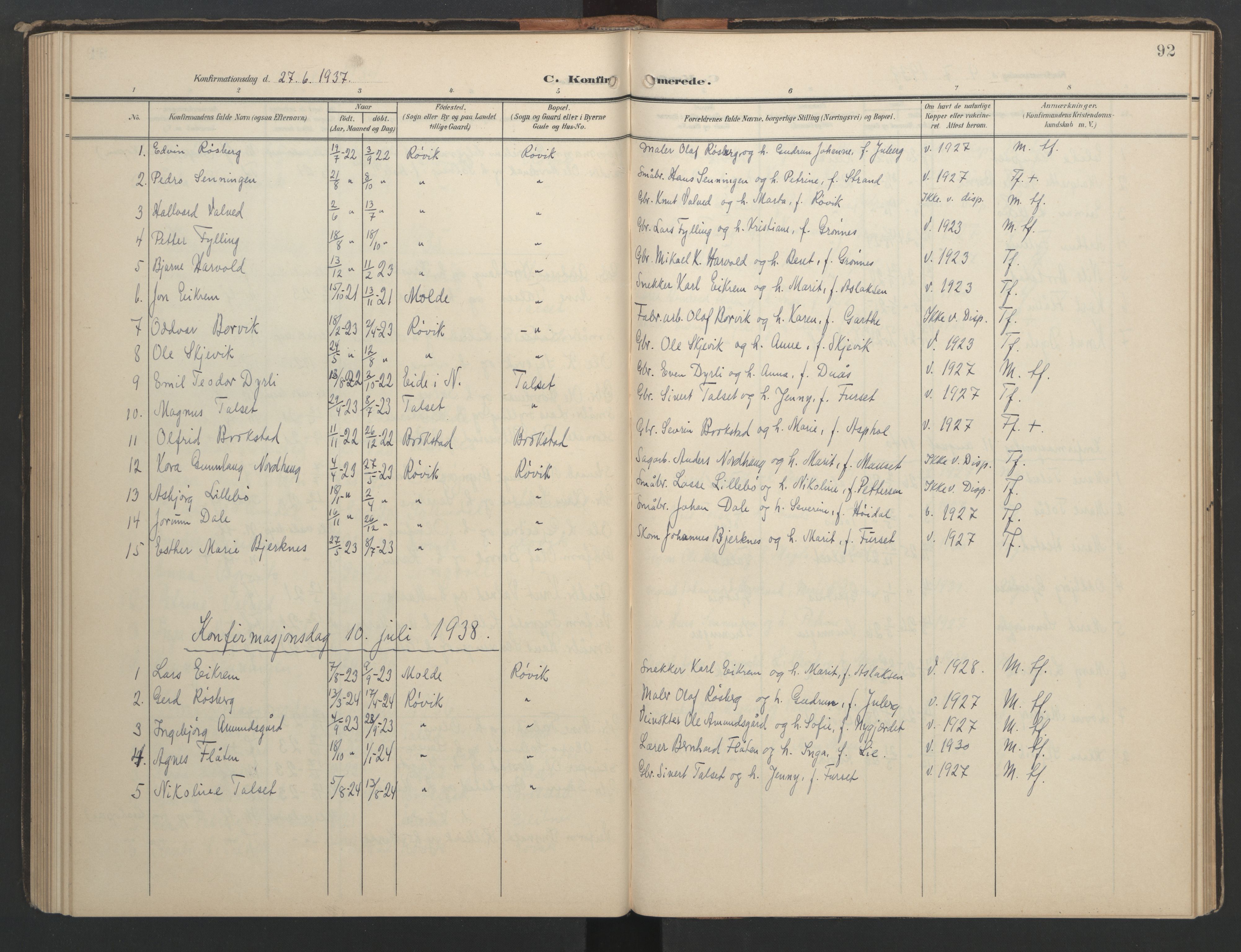 Ministerialprotokoller, klokkerbøker og fødselsregistre - Møre og Romsdal, AV/SAT-A-1454/556/L0677: Klokkerbok nr. 556C01, 1907-1953, s. 92