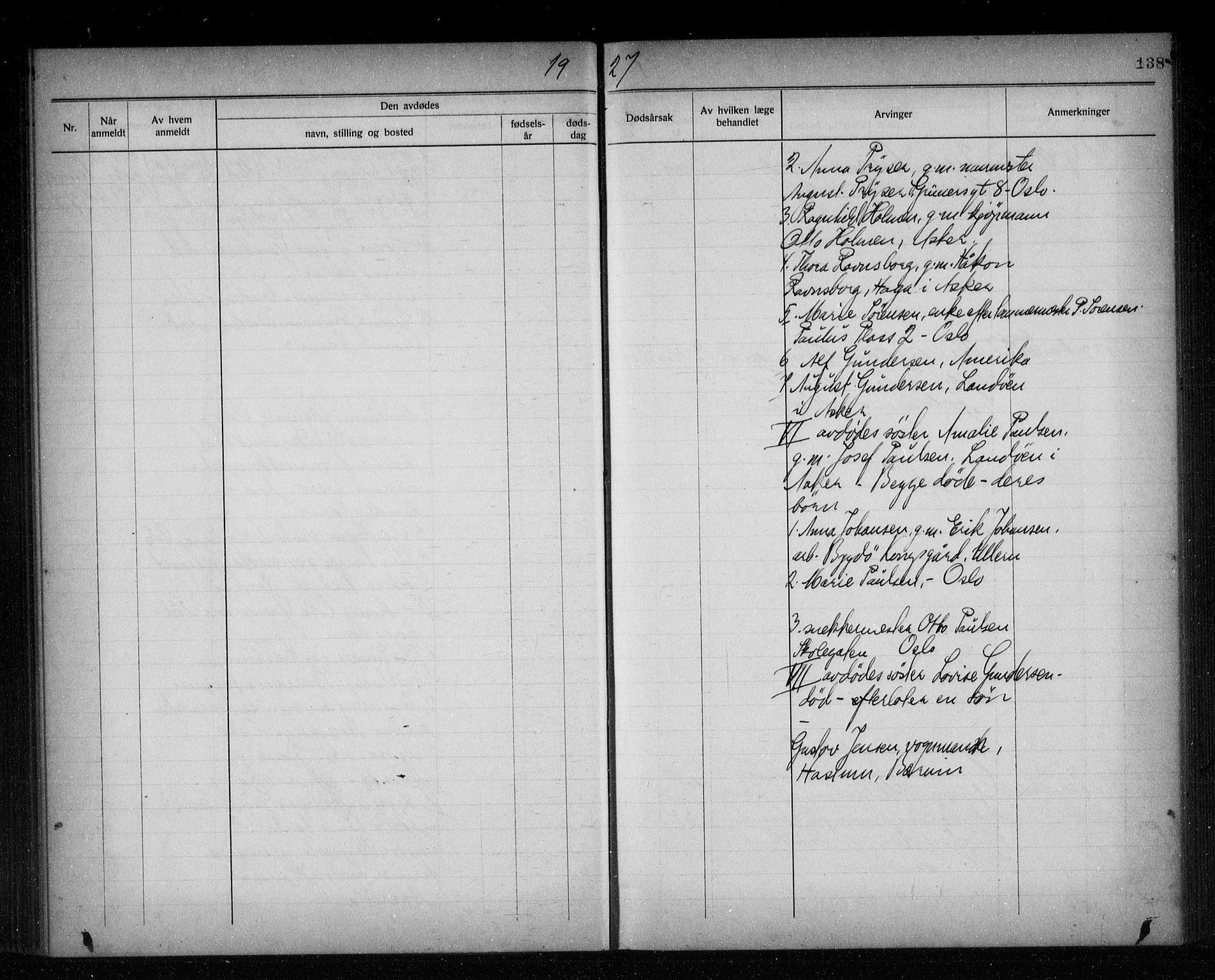 Asker lensmannskontor, AV/SAO-A-10244/H/Ha/Haa/L0002: Dødsanmeldelsesprotokoll, 1920-1933, s. 138