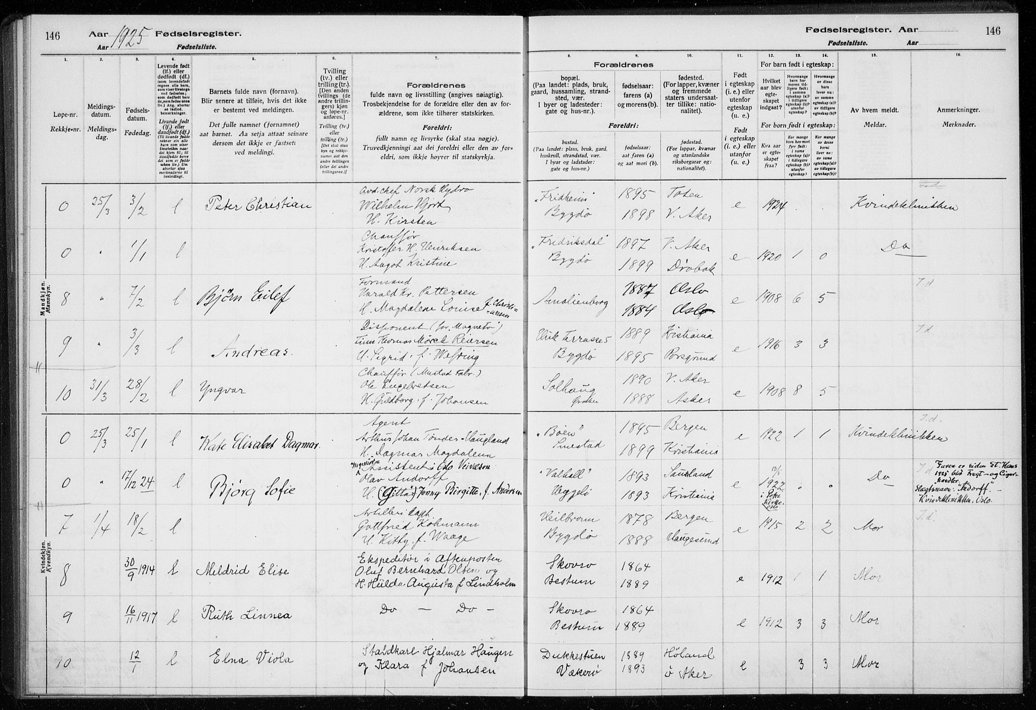 Ullern prestekontor Kirkebøker, AV/SAO-A-10740/J/L0001: Fødselsregister nr. 1, 1916-1928, s. 146