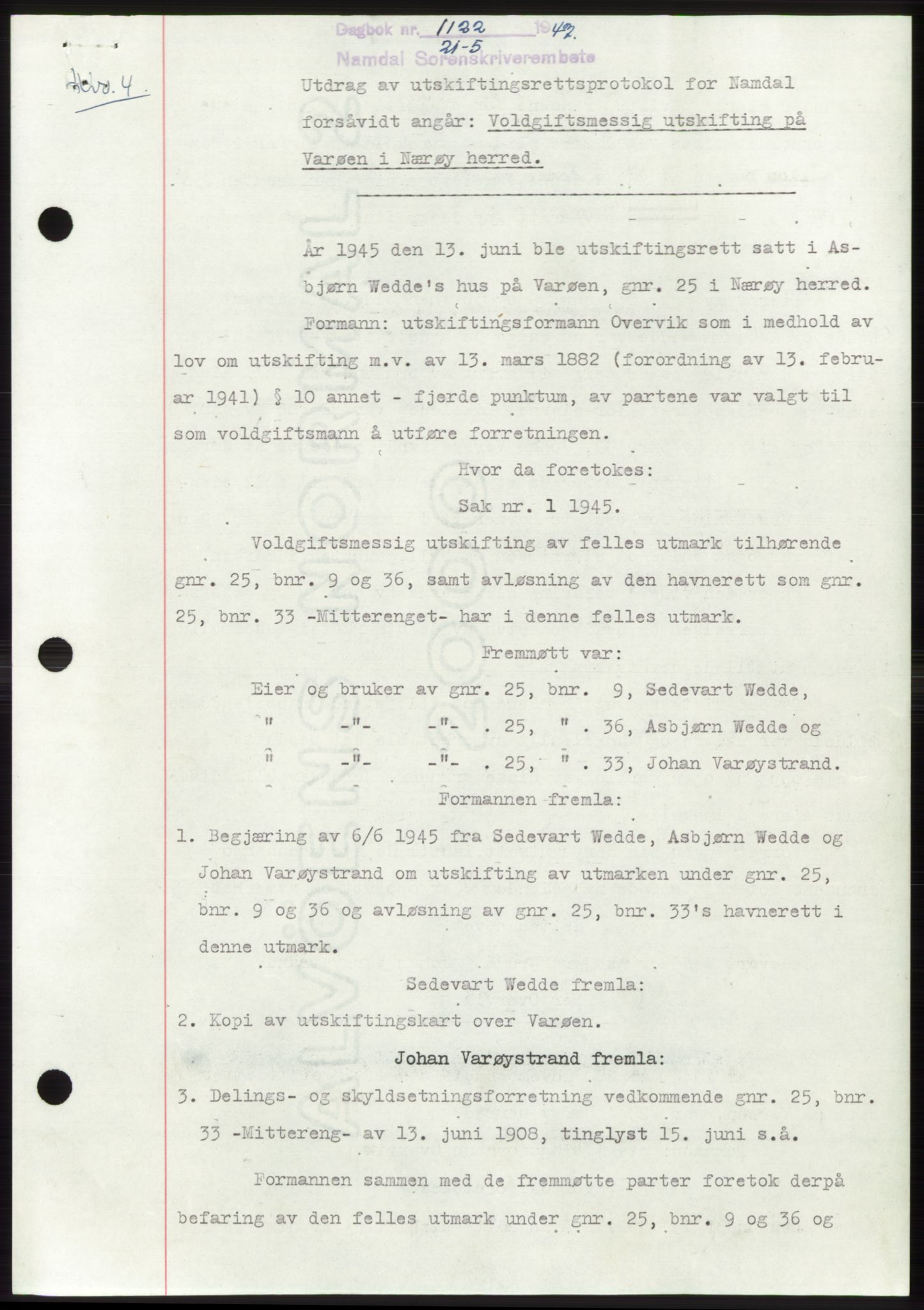 Namdal sorenskriveri, SAT/A-4133/1/2/2C: Pantebok nr. -, 1947-1947, Dagboknr: 1122/1947