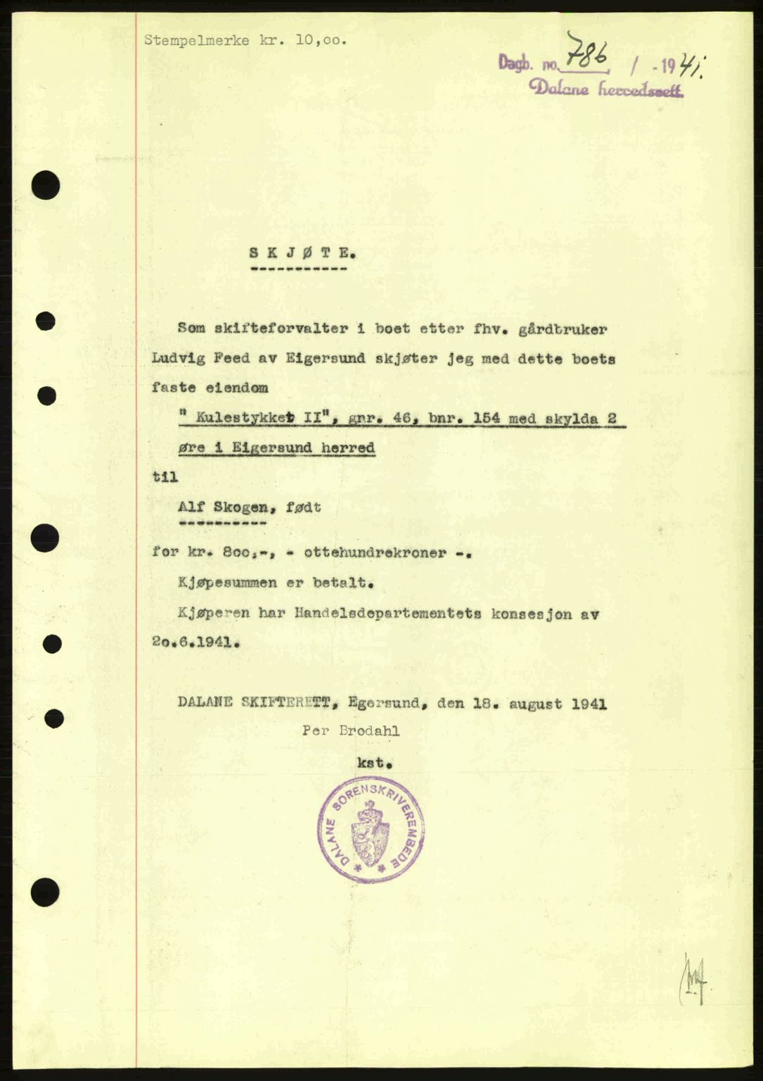 Dalane sorenskriveri, SAST/A-100309/02/G/Gb/L0045: Pantebok nr. A6, 1941-1942, Dagboknr: 786/1941