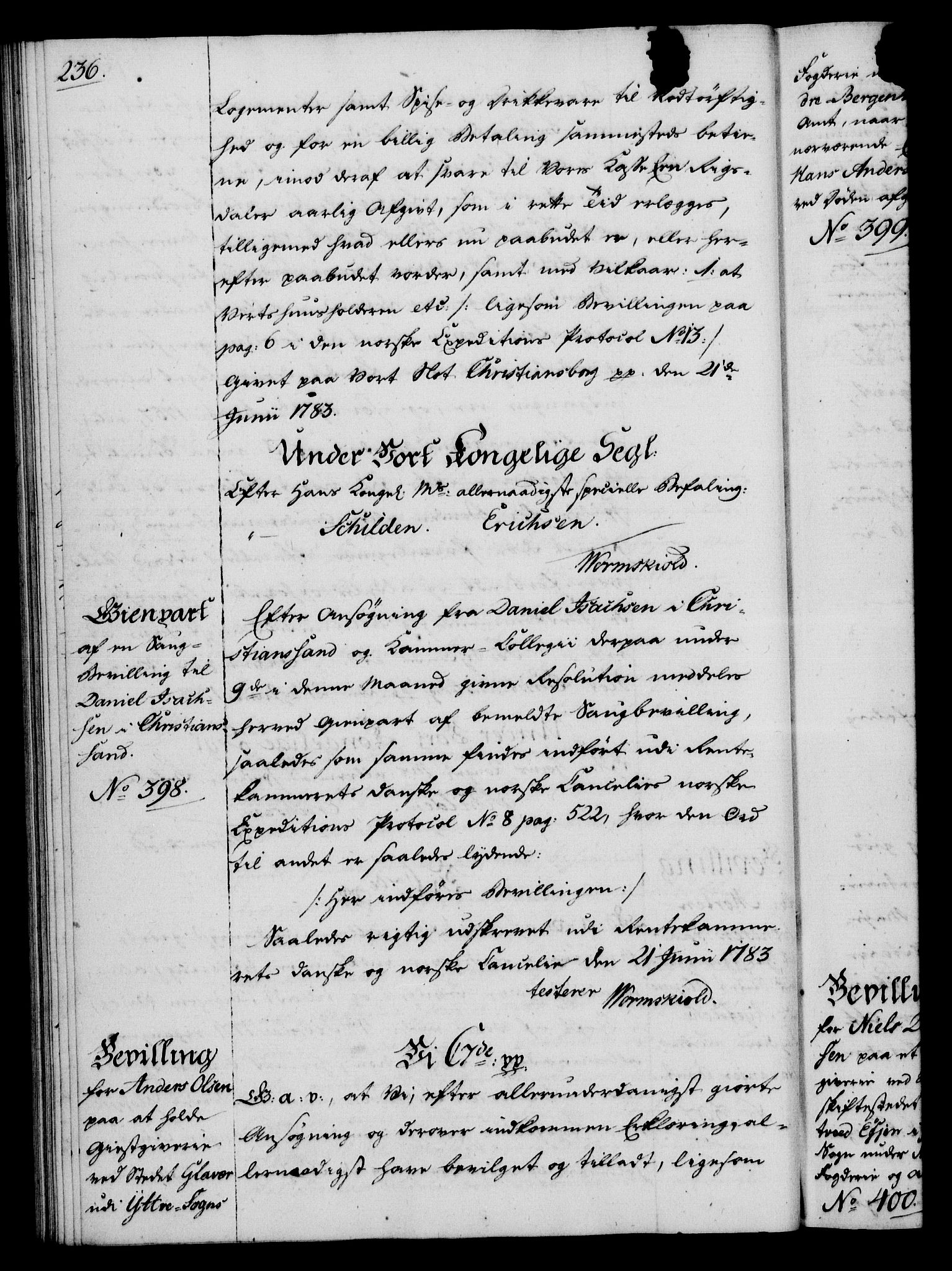 Rentekammeret, Kammerkanselliet, AV/RA-EA-3111/G/Gg/Gga/L0012: Norsk ekspedisjonsprotokoll med register (merket RK 53.12), 1781-1783, s. 236