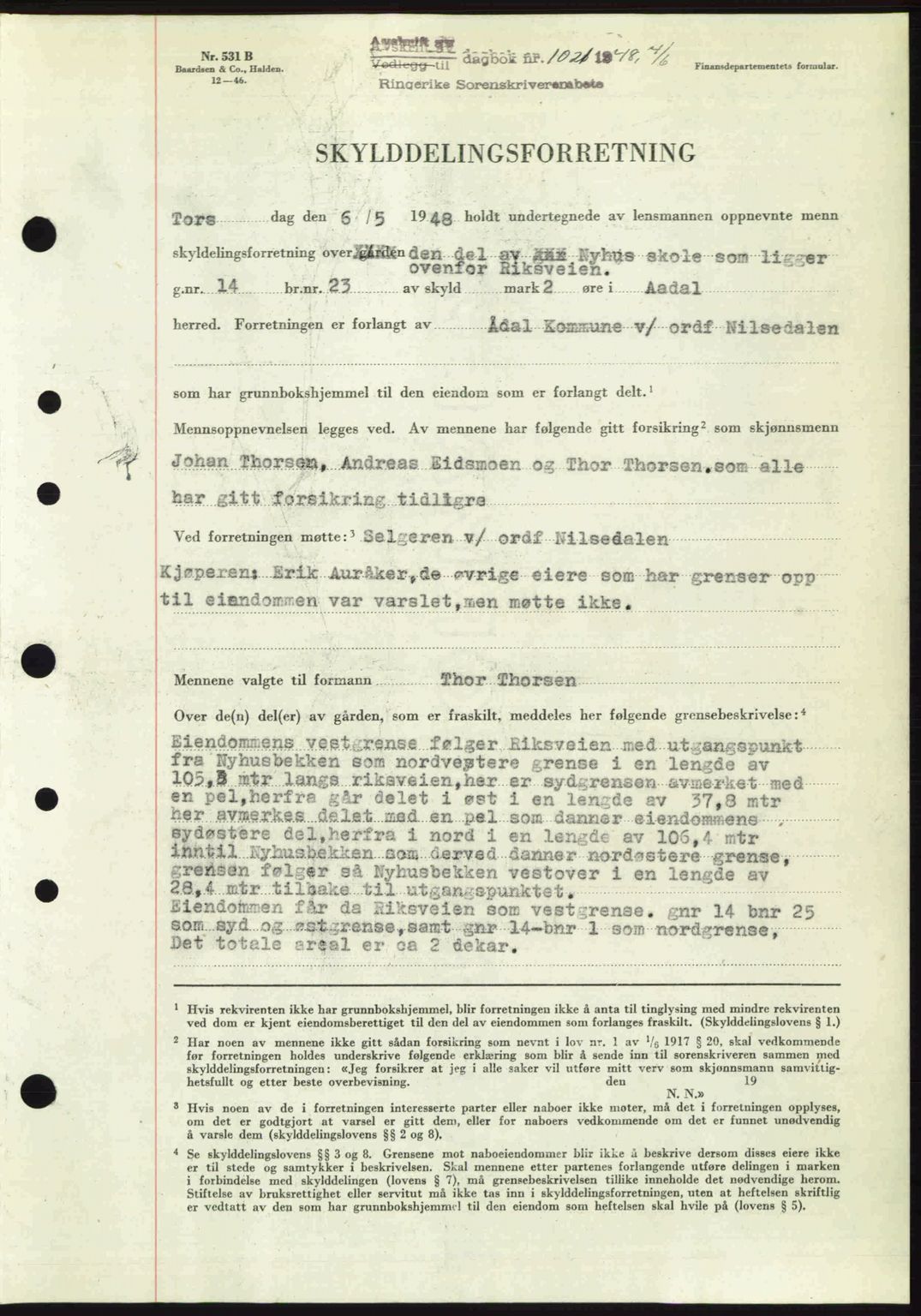 Ringerike sorenskriveri, SAKO/A-105/G/Ga/Gab/L0088: Pantebok nr. A-19, 1948-1948, Dagboknr: 1021/1948