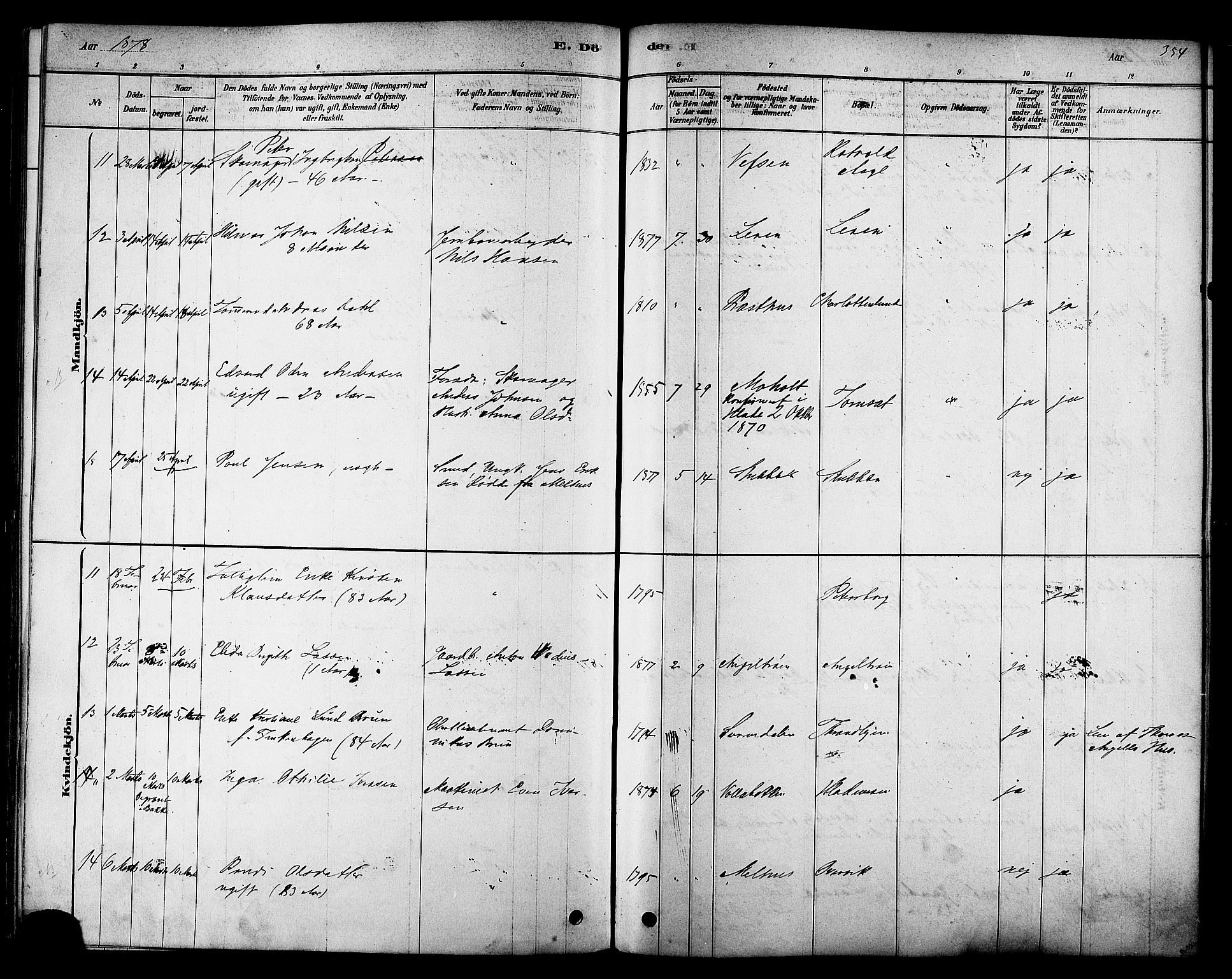 Ministerialprotokoller, klokkerbøker og fødselsregistre - Sør-Trøndelag, SAT/A-1456/606/L0294: Ministerialbok nr. 606A09, 1878-1886, s. 354