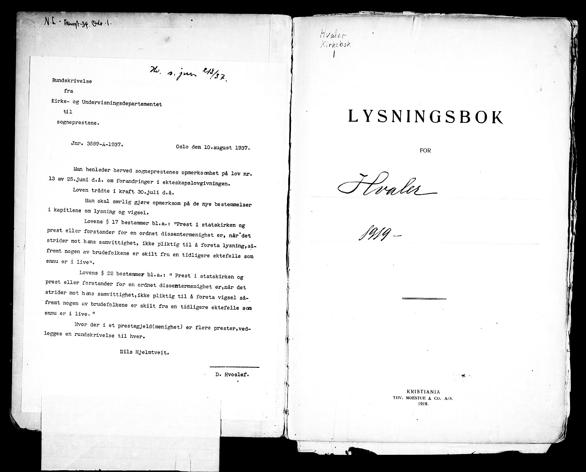 Hvaler prestekontor Kirkebøker, SAO/A-2001/H/Ha/L0002: Lysningsprotokoll nr. I 2, 1919-1968
