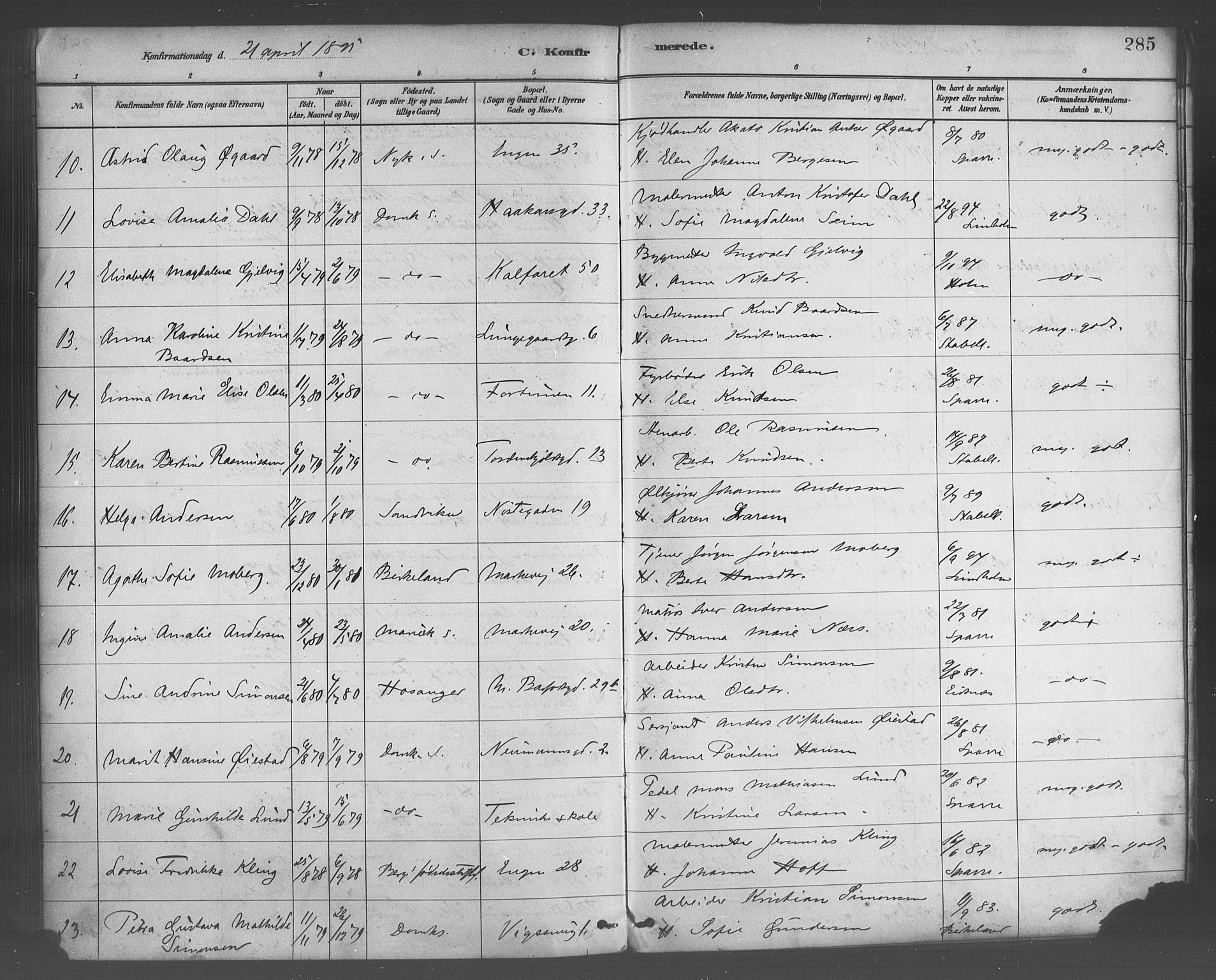 Domkirken sokneprestembete, AV/SAB-A-74801/H/Haa/L0030: Ministerialbok nr. C 5, 1880-1898, s. 285