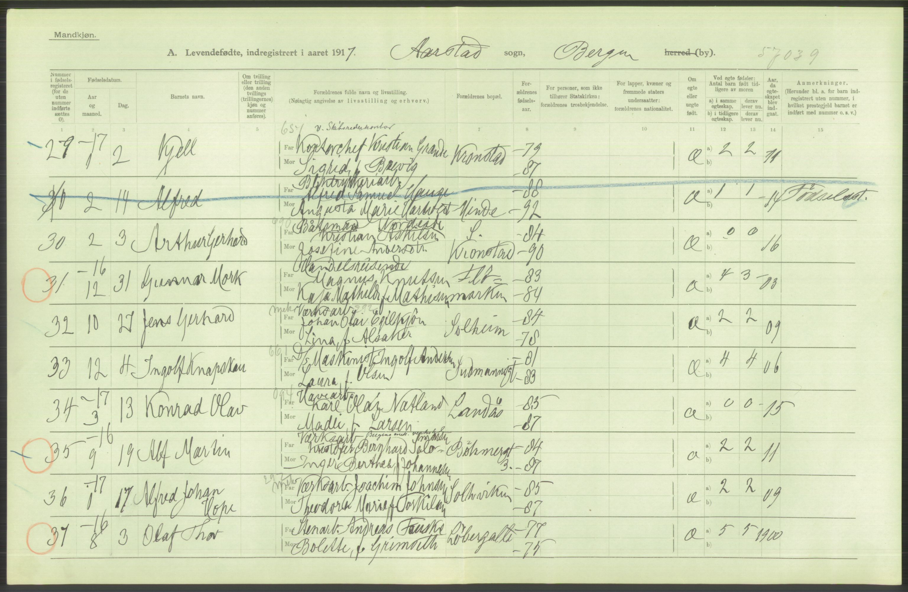 Statistisk sentralbyrå, Sosiodemografiske emner, Befolkning, AV/RA-S-2228/D/Df/Dfb/Dfbg/L0037: Bergen: Levendefødte menn og kvinner., 1917, s. 604