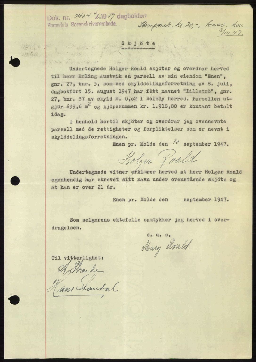Romsdal sorenskriveri, SAT/A-4149/1/2/2C: Pantebok nr. A24, 1947-1947, Dagboknr: 2464/1947