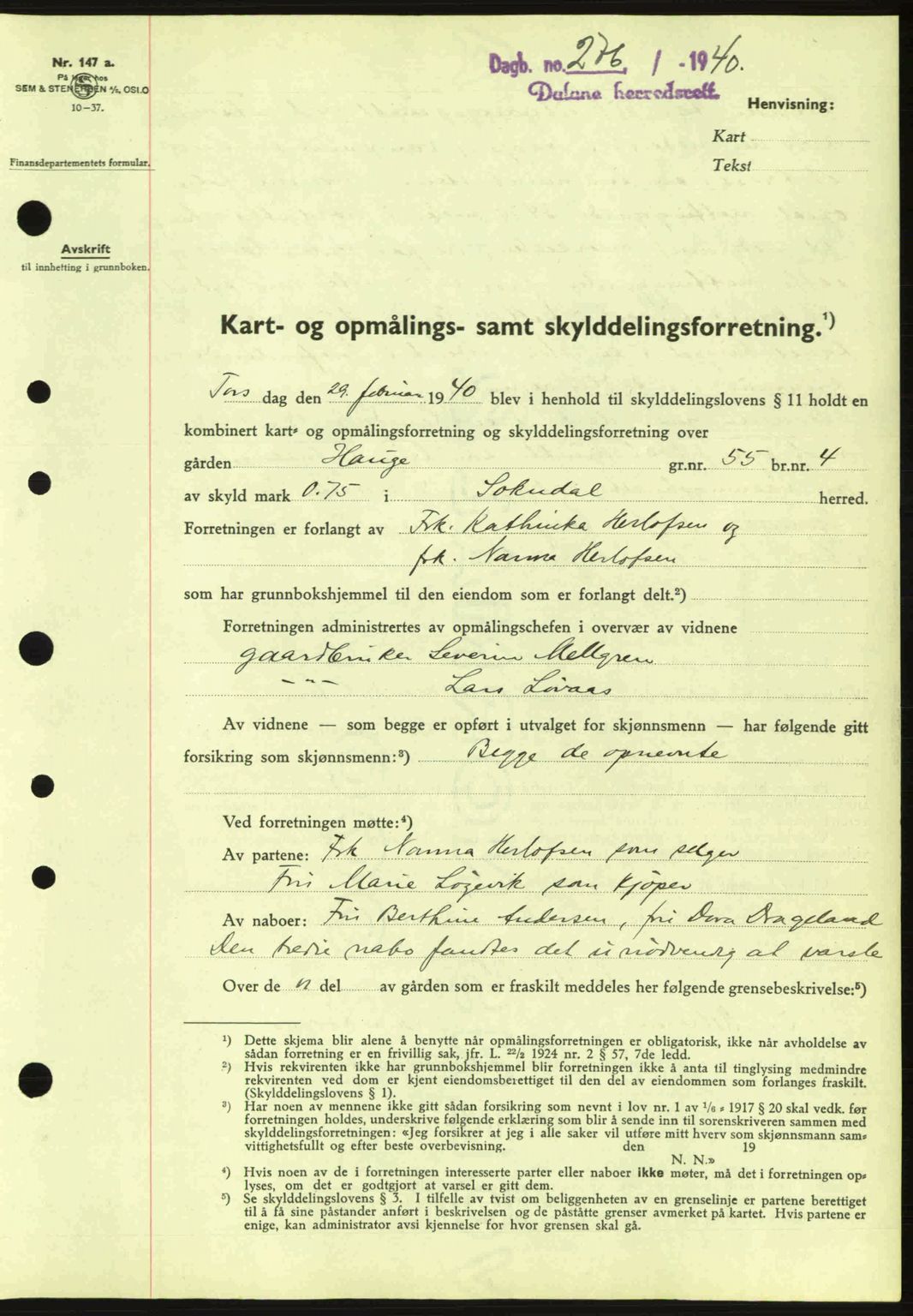 Dalane sorenskriveri, SAST/A-100309/02/G/Gb/L0044: Pantebok nr. A5, 1940-1941, Dagboknr: 276/1940