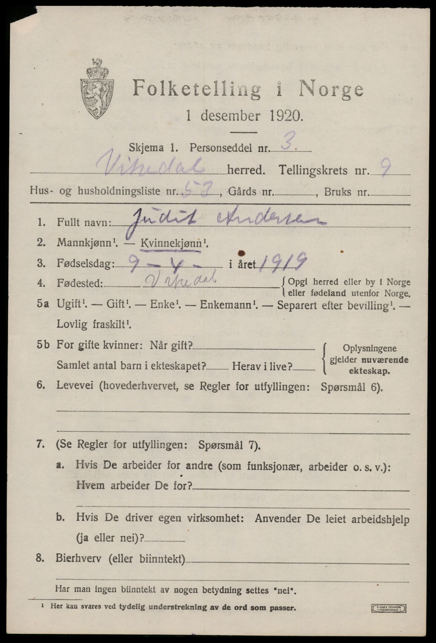 SAST, Folketelling 1920 for 1157 Vikedal herred, 1920, s. 3383