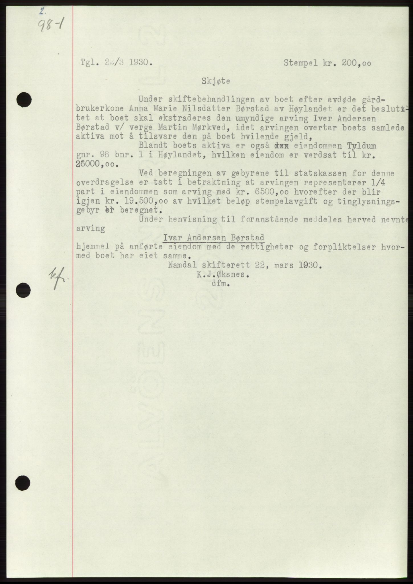 Namdal sorenskriveri, SAT/A-4133/1/2/2C: Pantebok nr. -, 1926-1930, Tingl.dato: 22.03.1930
