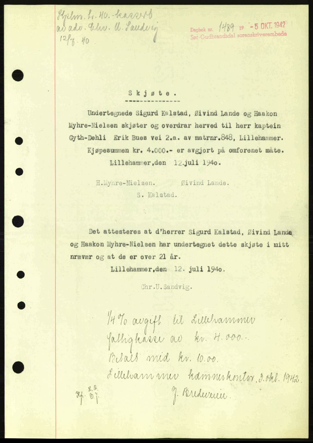Sør-Gudbrandsdal tingrett, SAH/TING-004/H/Hb/Hbd/L0011: Pantebok nr. A11, 1942-1943, Dagboknr: 1489/1942