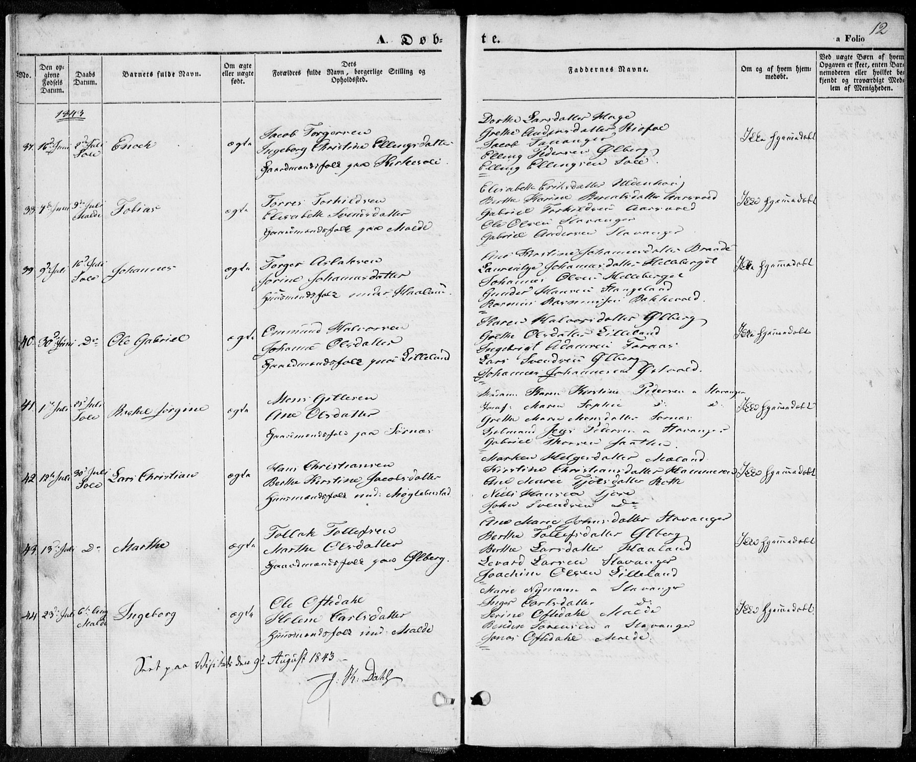 Håland sokneprestkontor, AV/SAST-A-101802/001/30BA/L0006: Ministerialbok nr. A 6, 1842-1853, s. 12