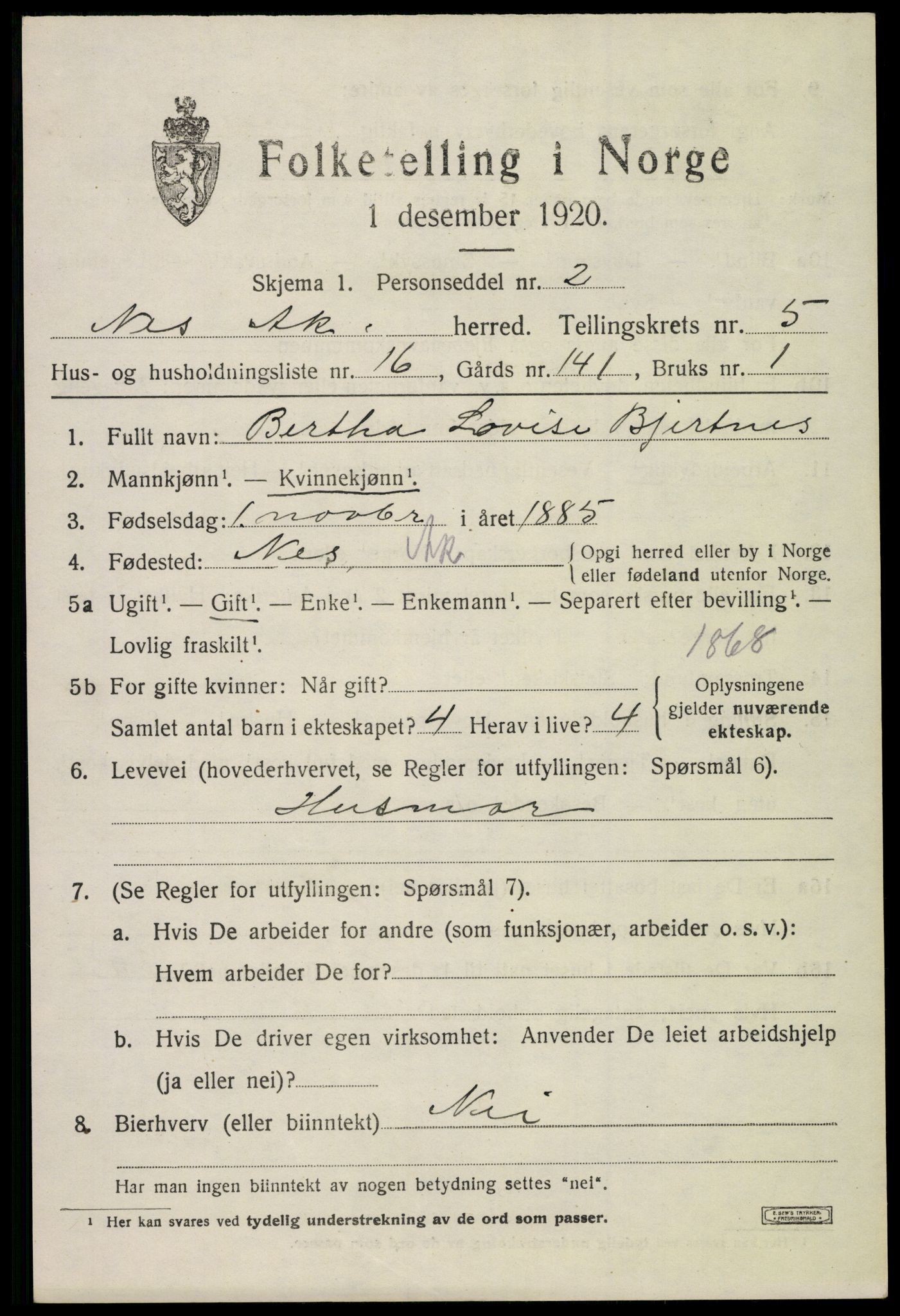 SAO, Folketelling 1920 for 0236 Nes herred, 1920, s. 6612