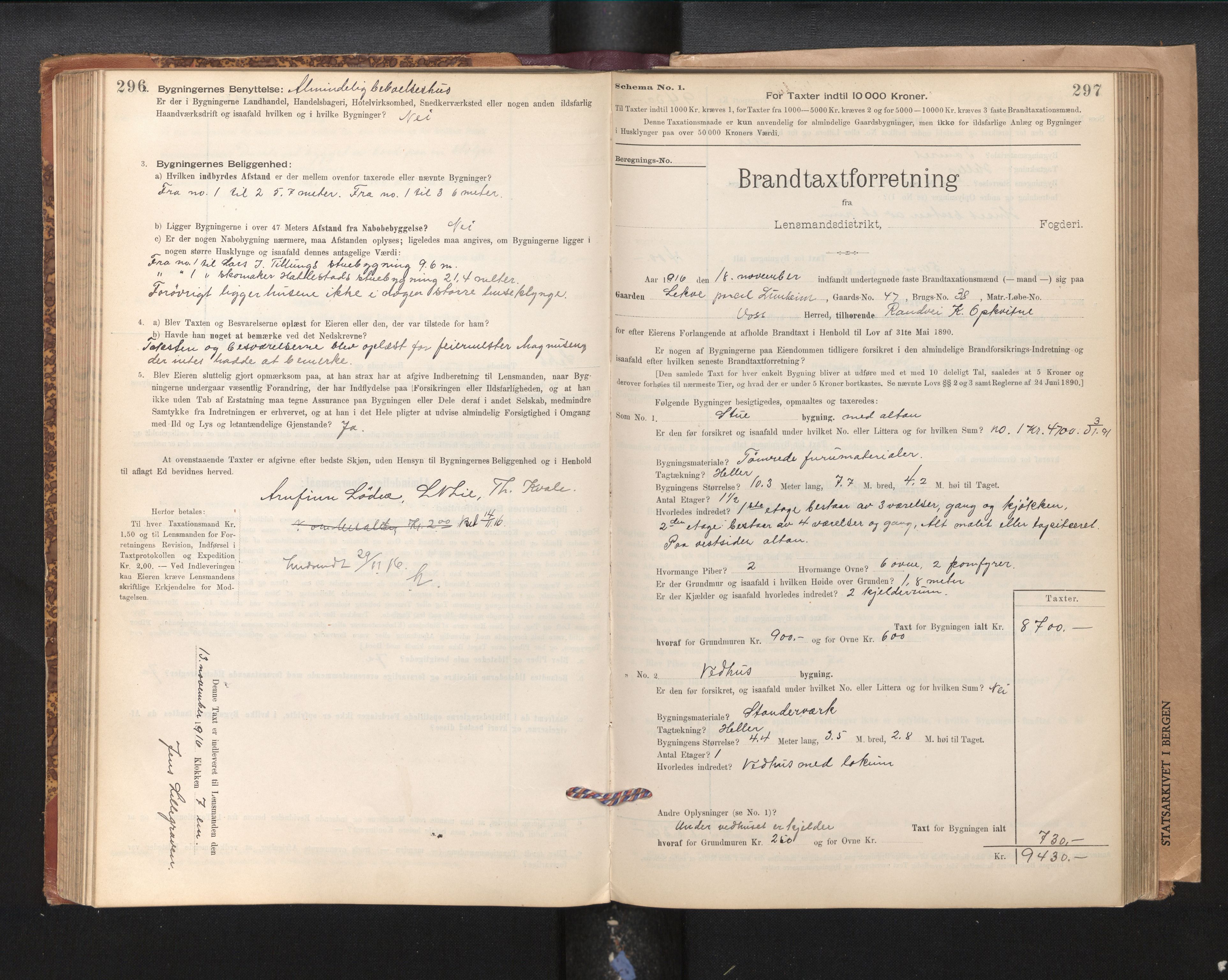 Lensmannen i Voss, SAB/A-35801/0012/L0008: Branntakstprotokoll, skjematakst, 1895-1945, s. 296-297