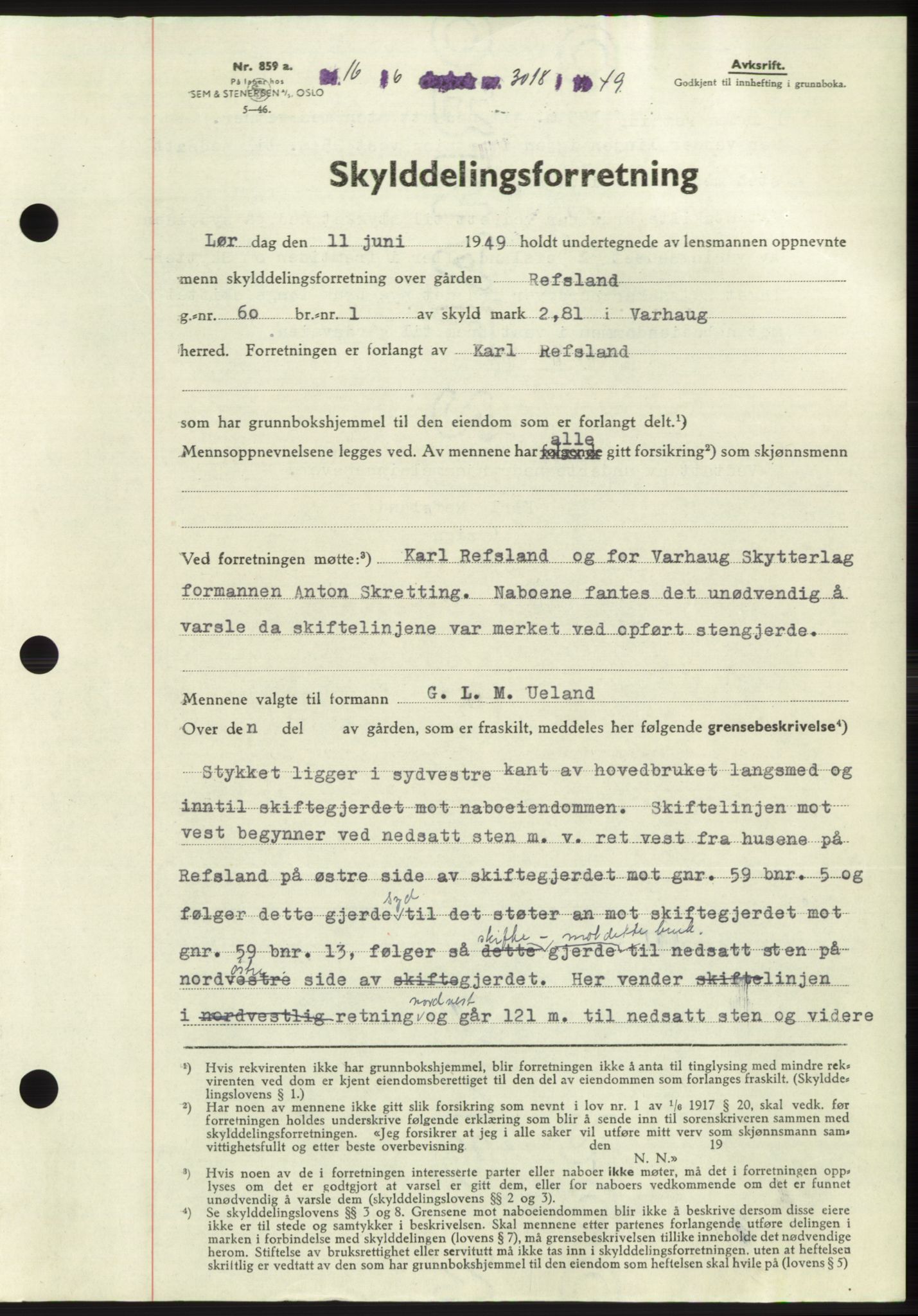 Jæren sorenskriveri, SAST/A-100310/03/G/Gba/L0103: Pantebok, 1949-1949, Dagboknr: 3018/1949