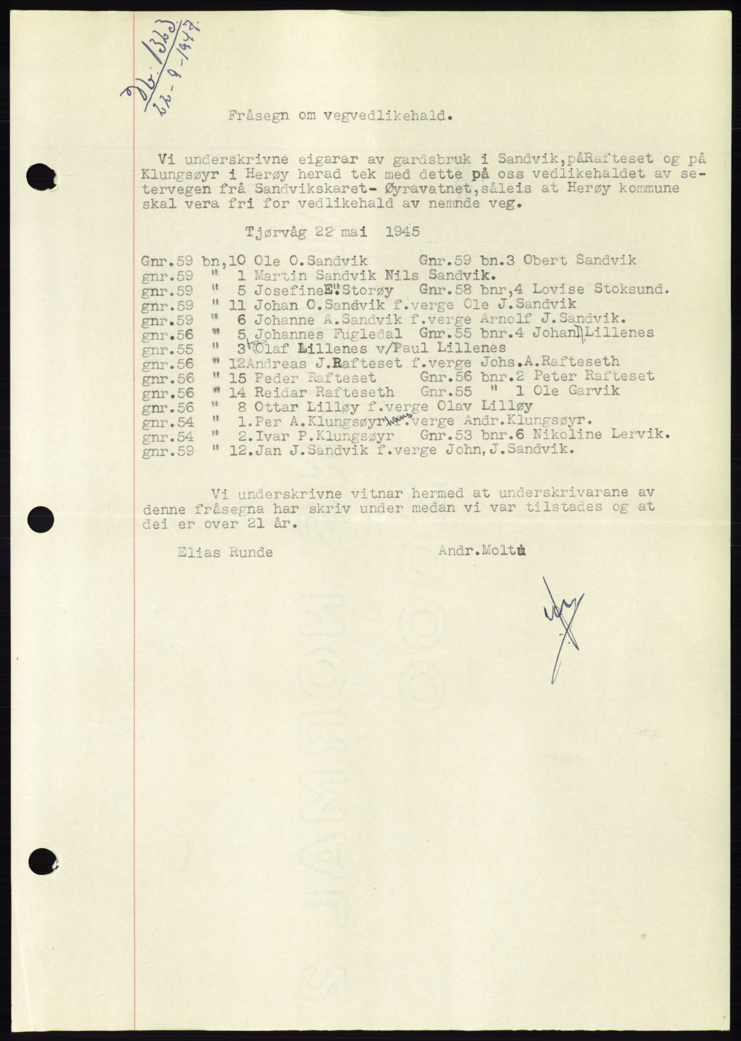 Søre Sunnmøre sorenskriveri, SAT/A-4122/1/2/2C/L0081: Pantebok nr. 7A, 1947-1948, Dagboknr: 1323/1947