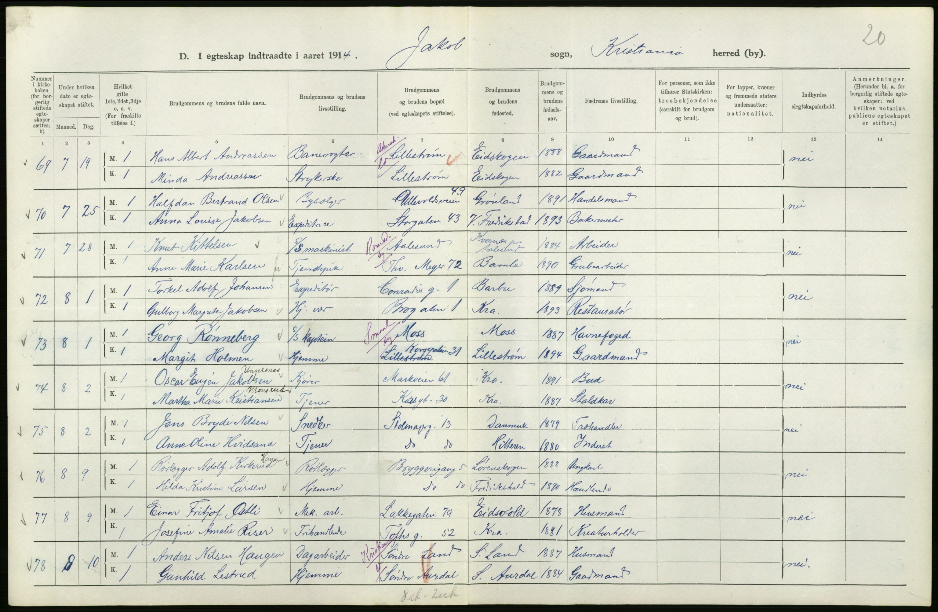 Statistisk sentralbyrå, Sosiodemografiske emner, Befolkning, AV/RA-S-2228/D/Df/Dfb/Dfbd/L0007: Kristiania: Gifte, 1914, s. 20