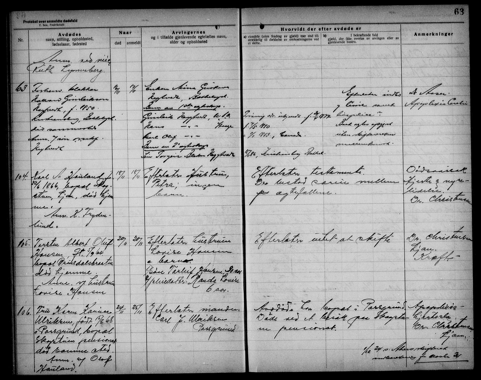 Aker kriminaldommer, skifte- og auksjonsforvalterembete, AV/SAO-A-10452/H/Hb/Hba/Hbad/L0001: Dødsfallsprotokoll for Nordstrand, 1922-1929, s. 63