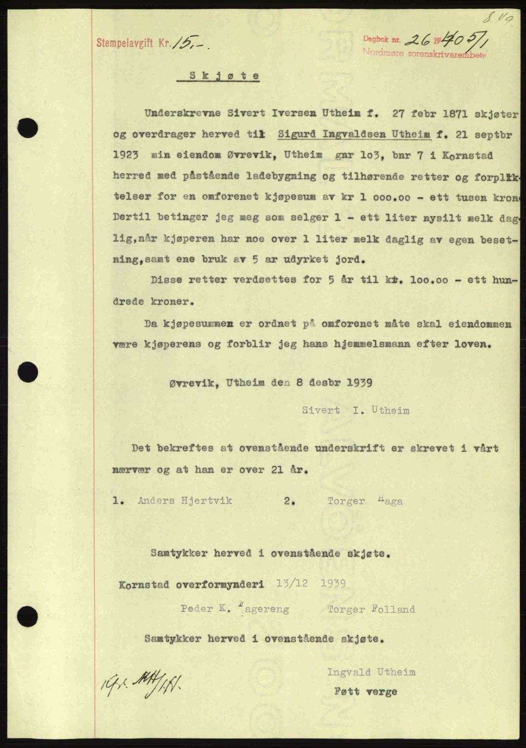 Nordmøre sorenskriveri, SAT/A-4132/1/2/2Ca: Pantebok nr. A87, 1939-1940, Dagboknr: 26/1940