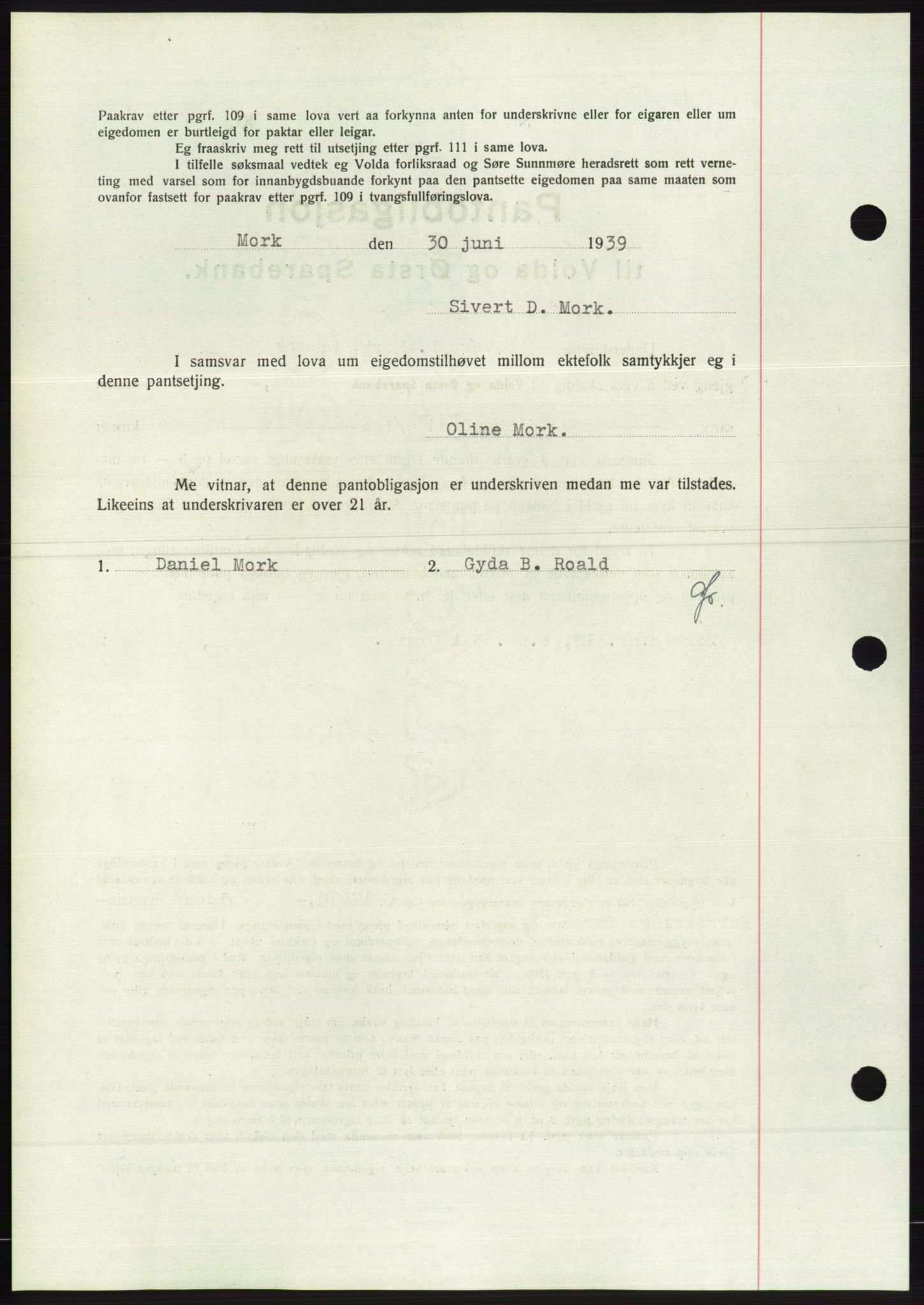 Søre Sunnmøre sorenskriveri, AV/SAT-A-4122/1/2/2C/L0068: Pantebok nr. 62, 1939-1939, Dagboknr: 1036/1939