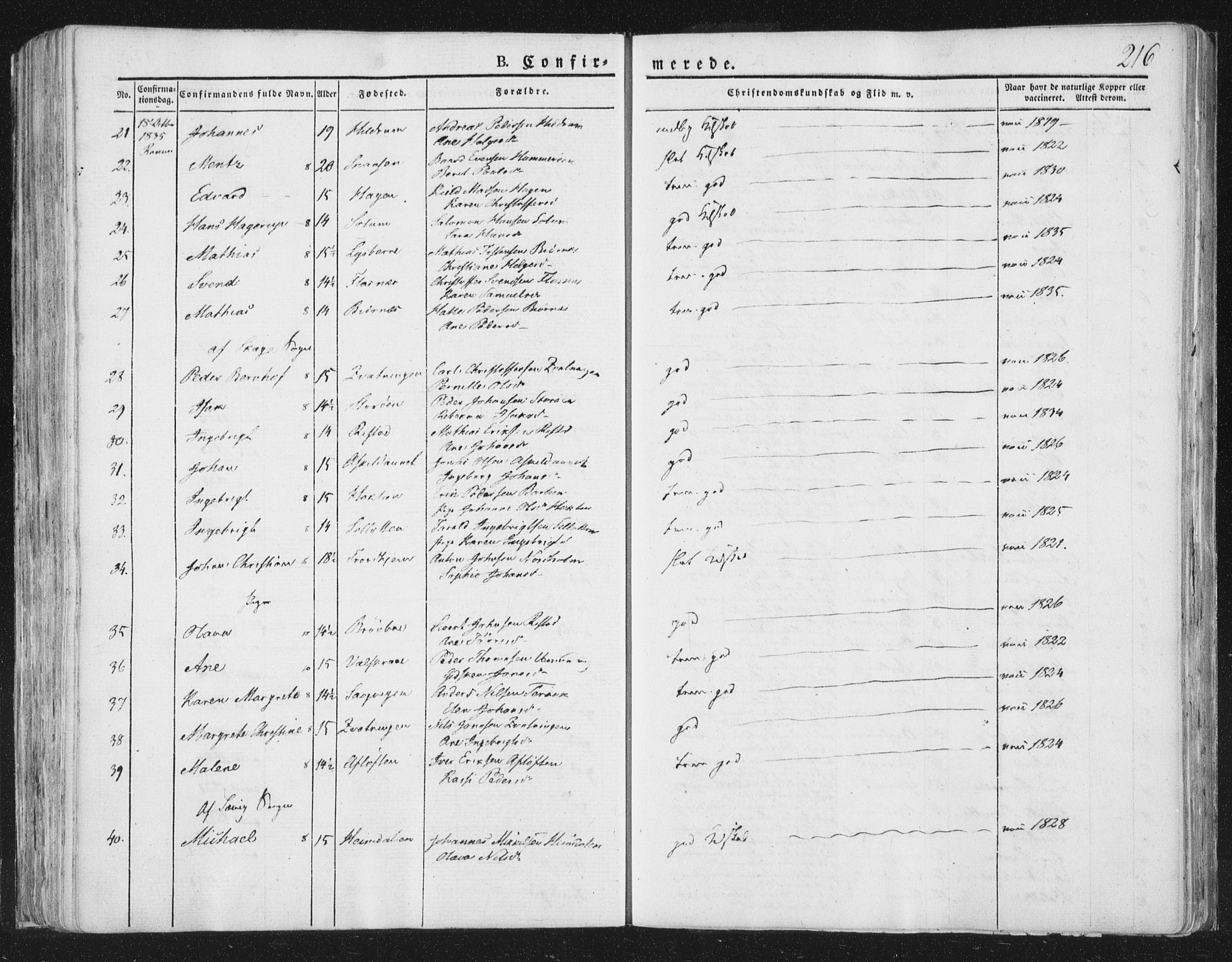 Ministerialprotokoller, klokkerbøker og fødselsregistre - Nord-Trøndelag, SAT/A-1458/764/L0551: Ministerialbok nr. 764A07a, 1824-1864, s. 216