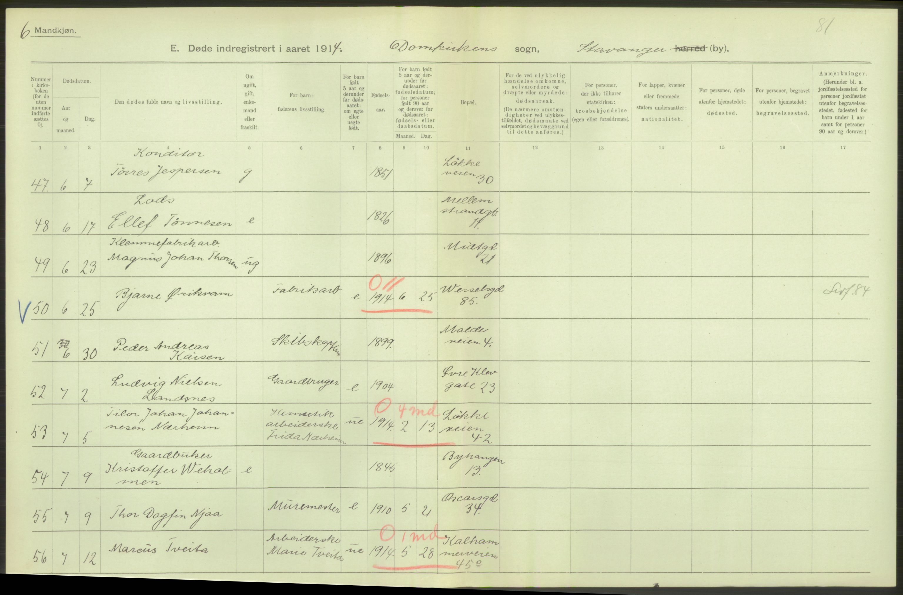 Statistisk sentralbyrå, Sosiodemografiske emner, Befolkning, AV/RA-S-2228/D/Df/Dfb/Dfbd/L0026: Stavanger amt: Døde, dødfødte. Bygder og byer., 1914, s. 102