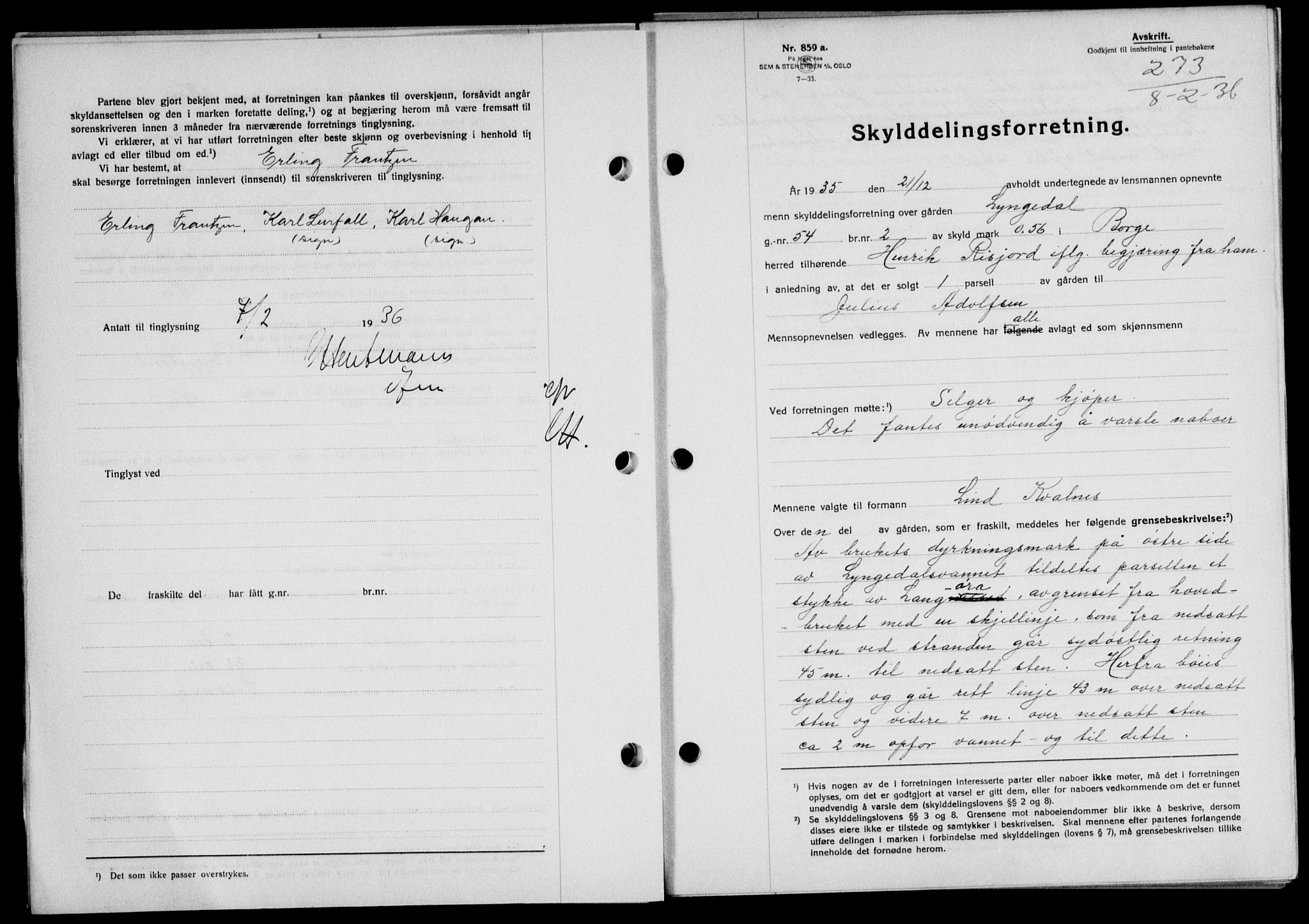 Lofoten sorenskriveri, SAT/A-0017/1/2/2C/L0033b: Pantebok nr. 33b, 1936-1936, Dagboknr: 273/1936
